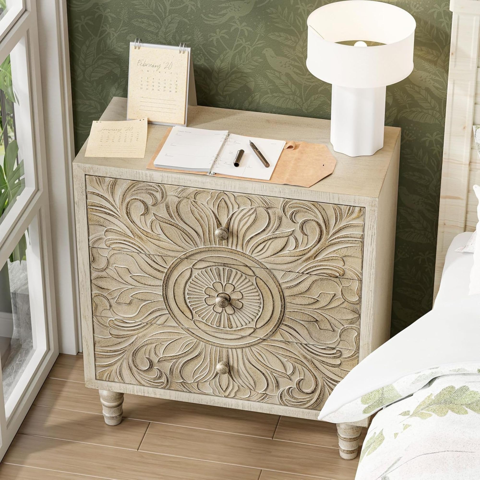 3-Drawer Carved Floral Dresser with Distressed White Finish