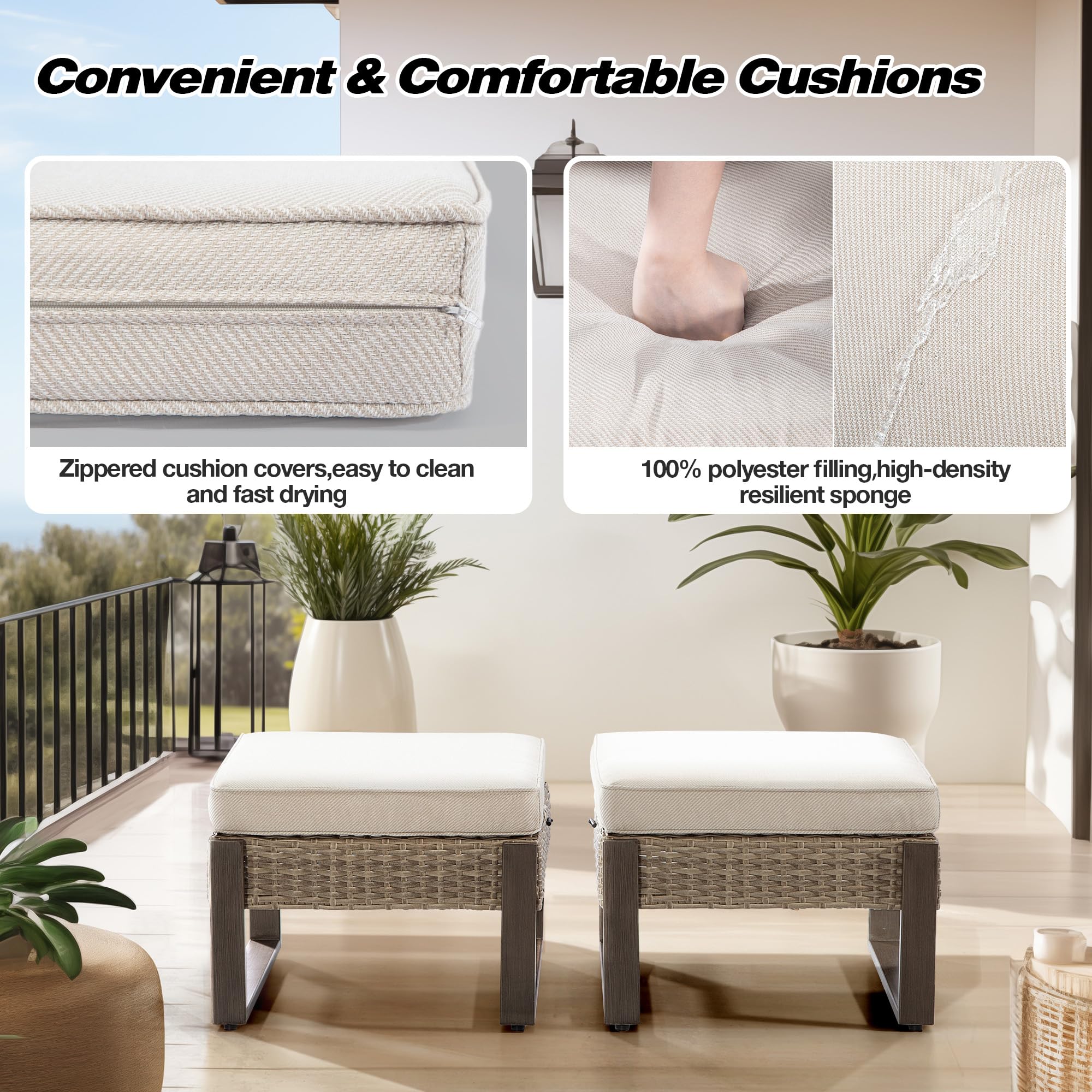PE Rattan Ottoman Footstool Set with Removable Cushions