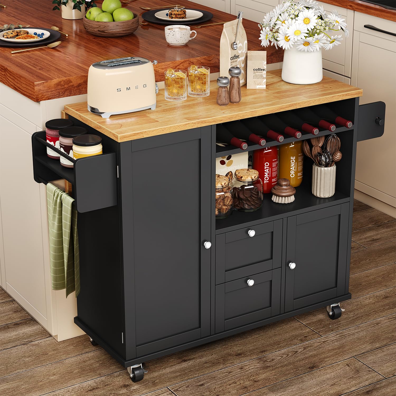 Rolling Kitchen Island with Storage Cabinet and Drop Leaf Countertop