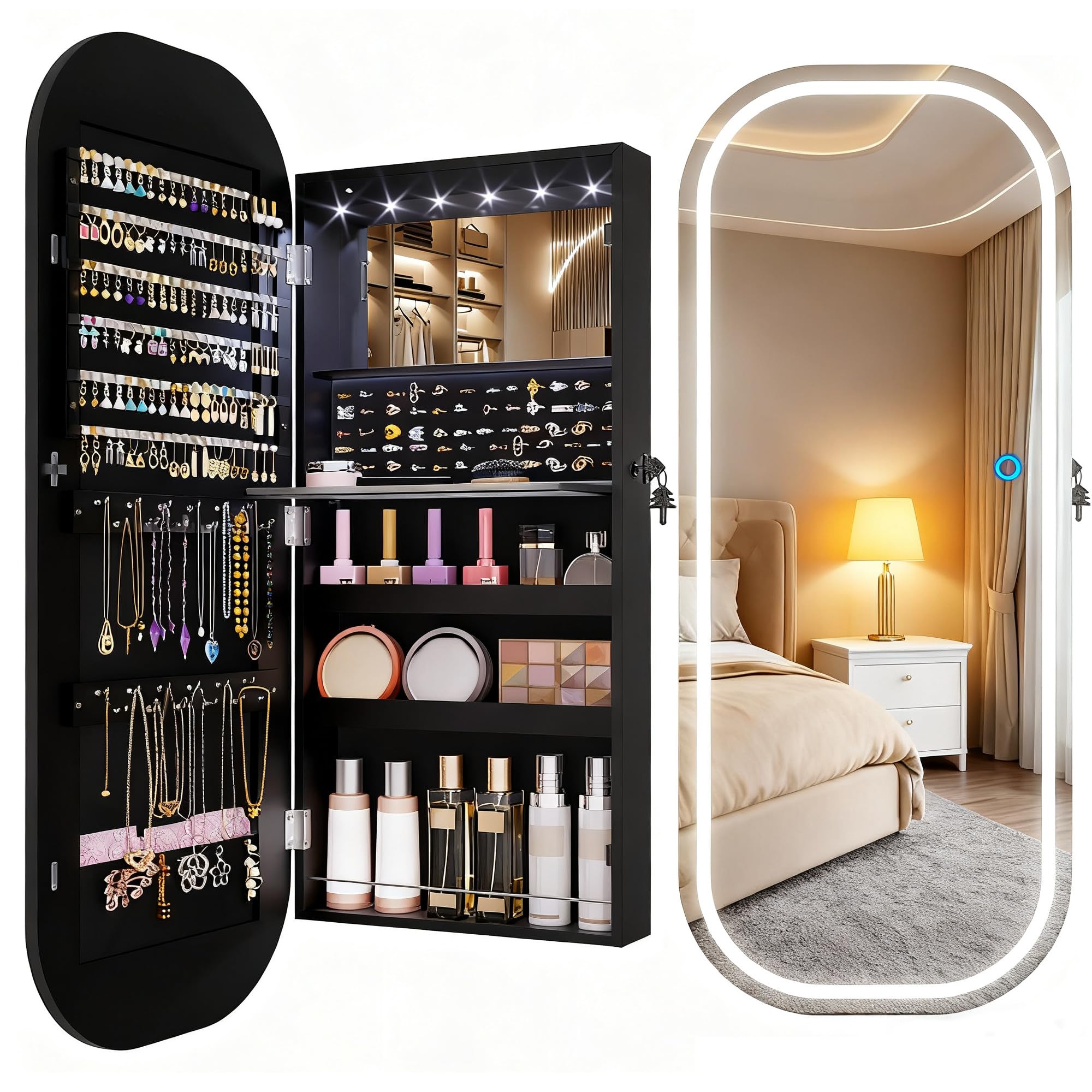 LED Mirror Jewelry Cabinet with Wall Door Mount Storage