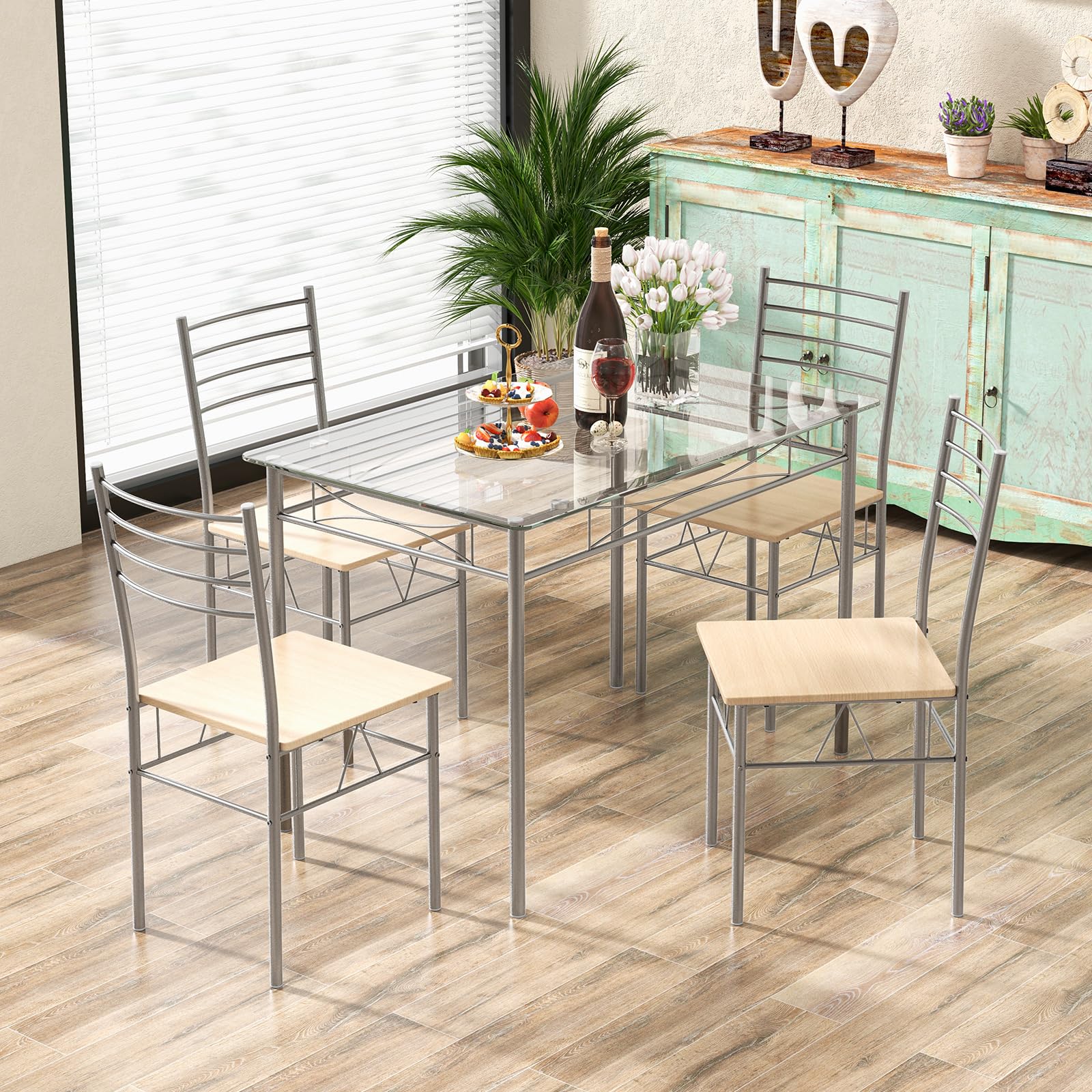 5 Piece Glass Dining Table Set with 4 Chairs