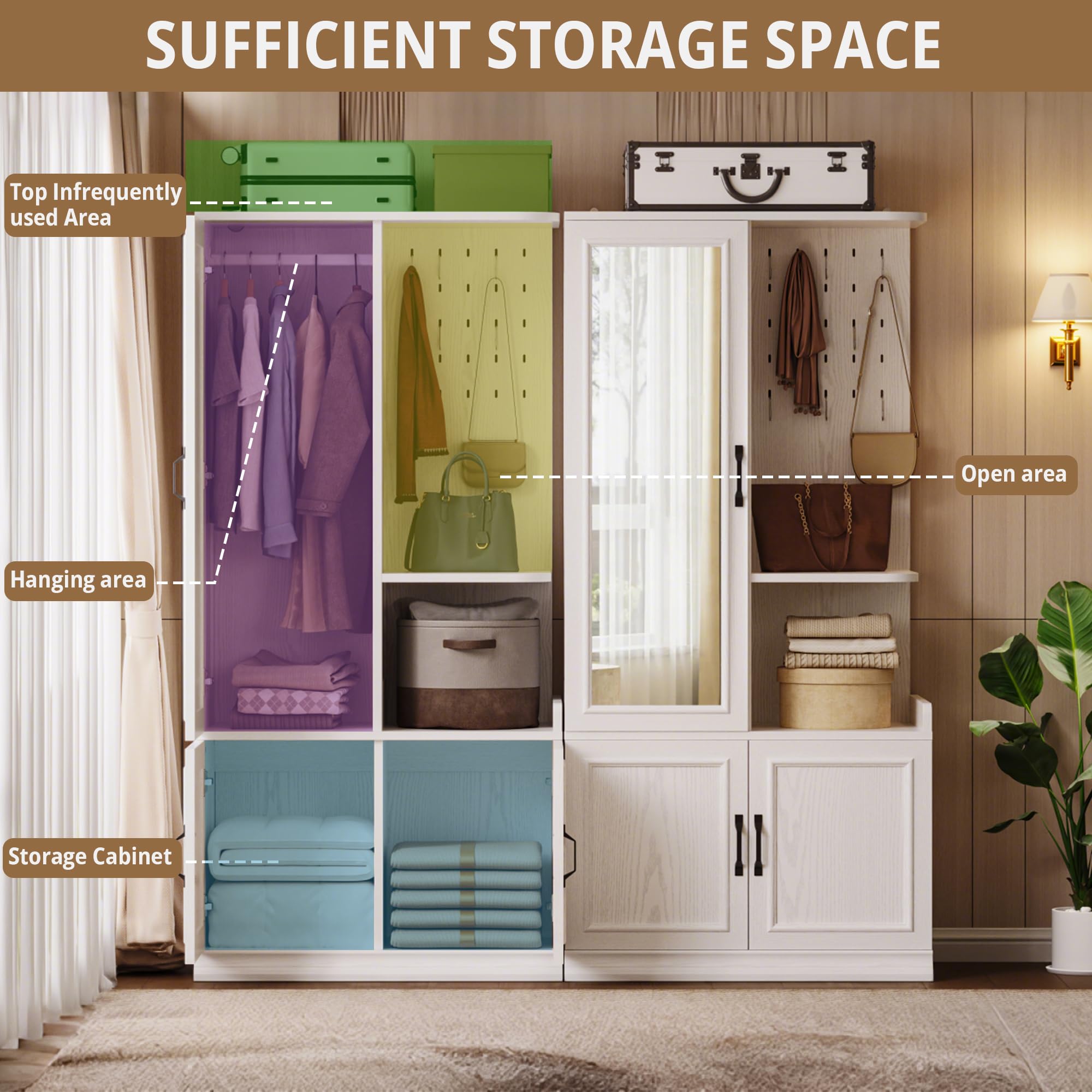 70" Wooden Armoire Wardrobe Closet with Mirror and Pegboard