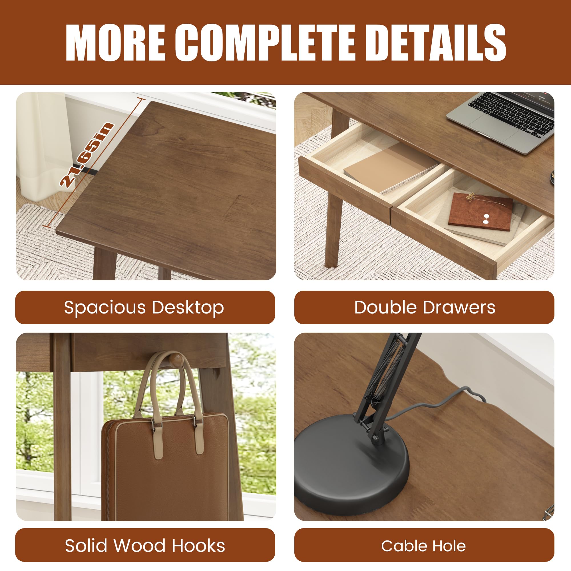 48-Inch Solid Wood Desk with Drawers and Hooks