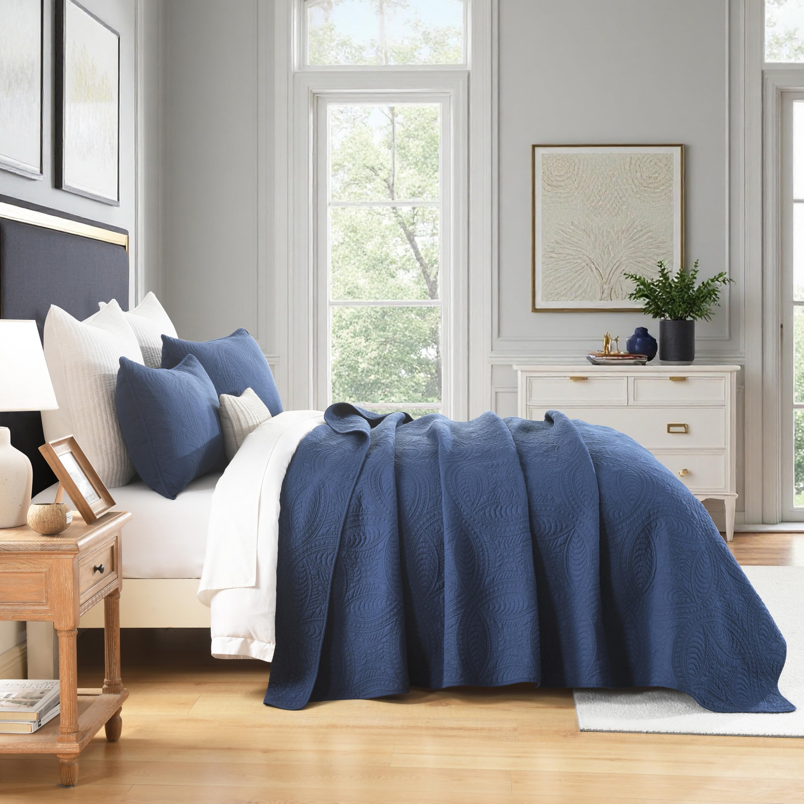 Cotton Quilt Set Queen Size Navy Blue