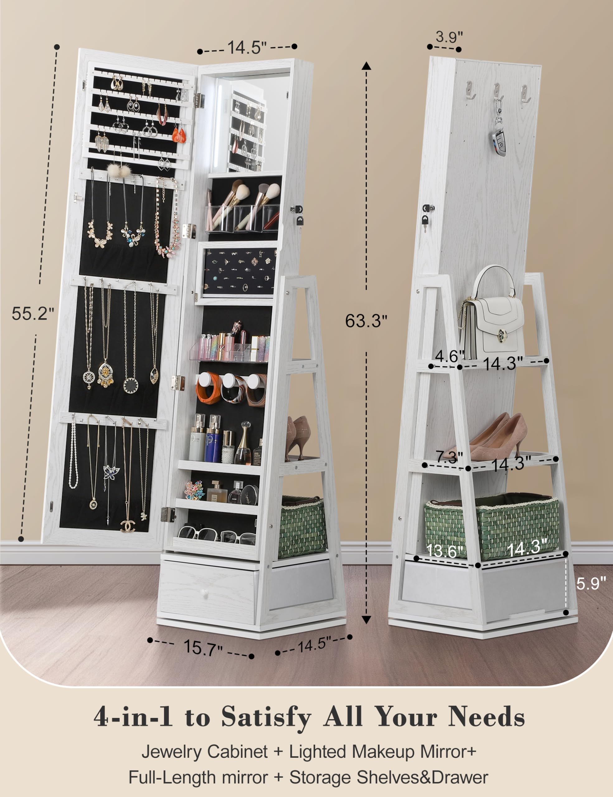 360° Swivel Jewelry Cabinet with Lights and Touch Screen Mirror