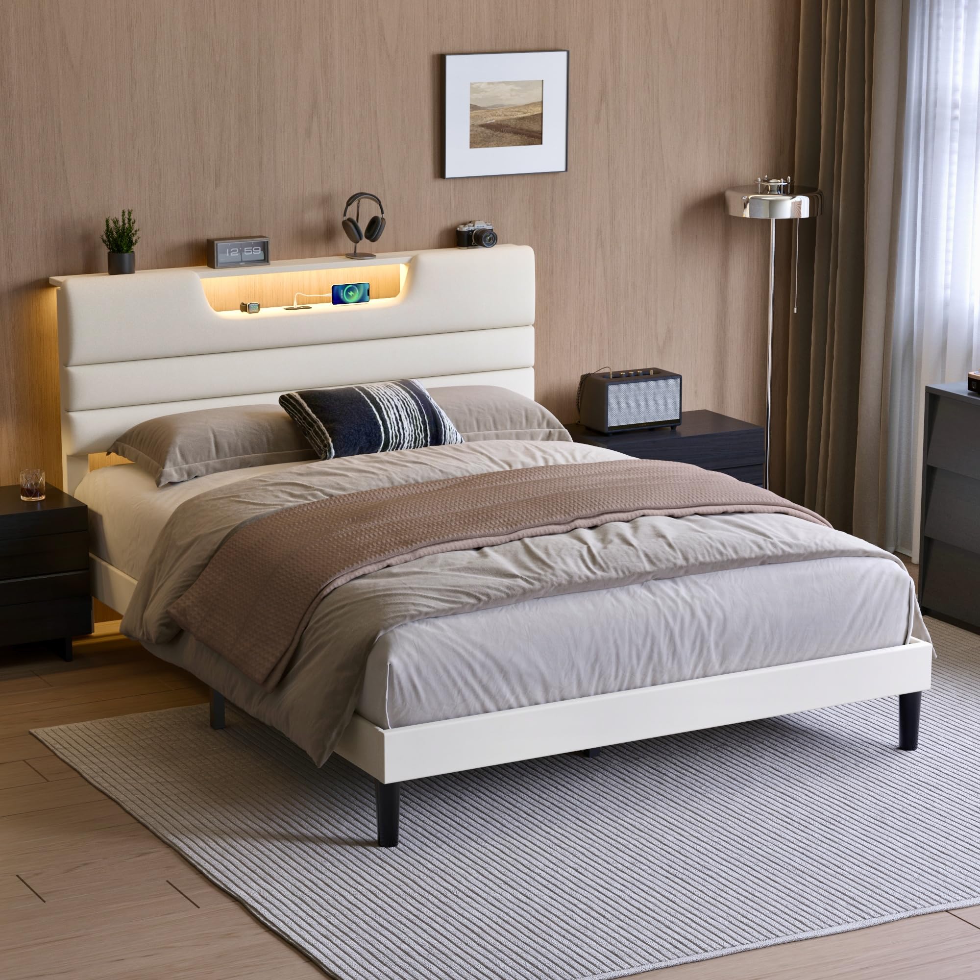 Queen Size Upholstered Platform Bed with LED Lights and Charging Station