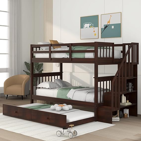 Twin Over Twin Bunk Bed with Trundle and Stairs