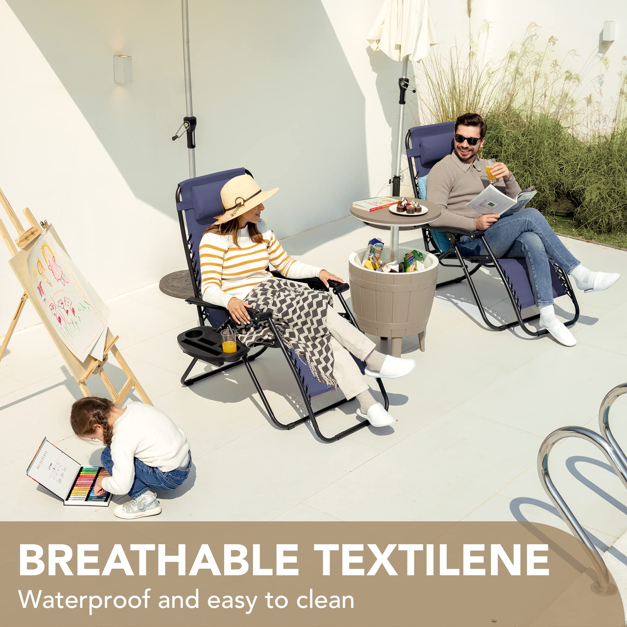 Devoko Patio Zero Gravity Chair Outdoor Folding Adjustable Reclining Chairs Pool Side Using Lawn Lounge Chair with Pillow Set of 2 (Dark Blue)