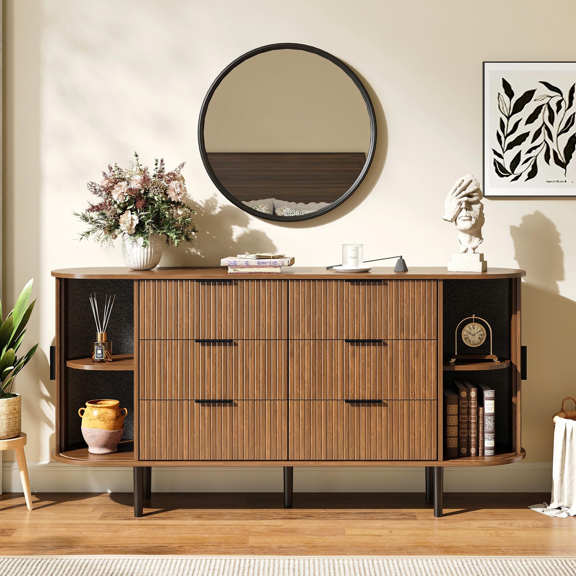 Fluted 6 Drawer Dresser 63" Wide with Metal Handles