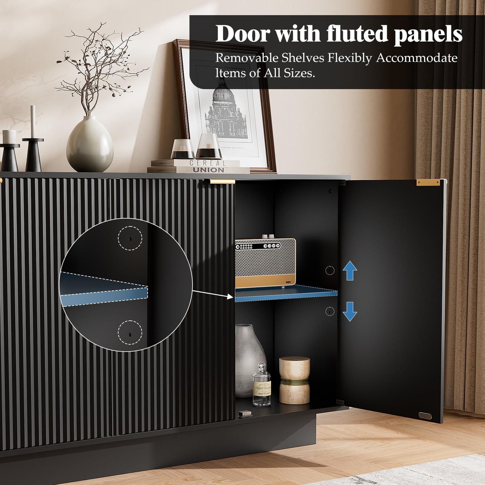 63" Fluted Sideboard Buffet Cabinet with Storage