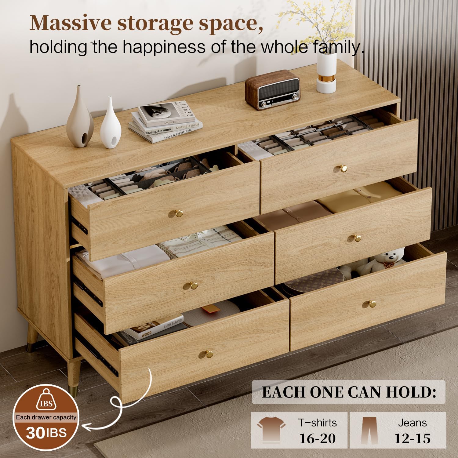 6 Drawer Dresser 47 Inch Wide Mid Century Modern Chest