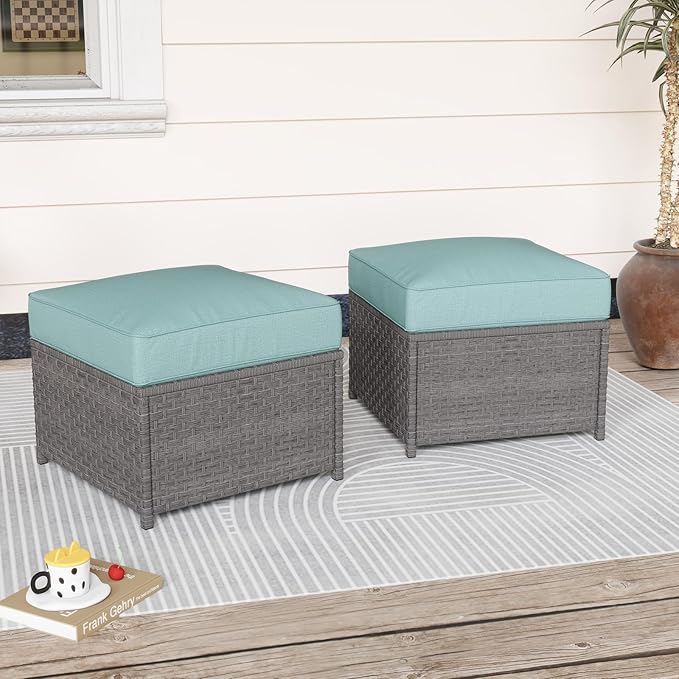 Outdoor Patio Ottoman Set of 2 - Grey Wicker Footstool with Cushions