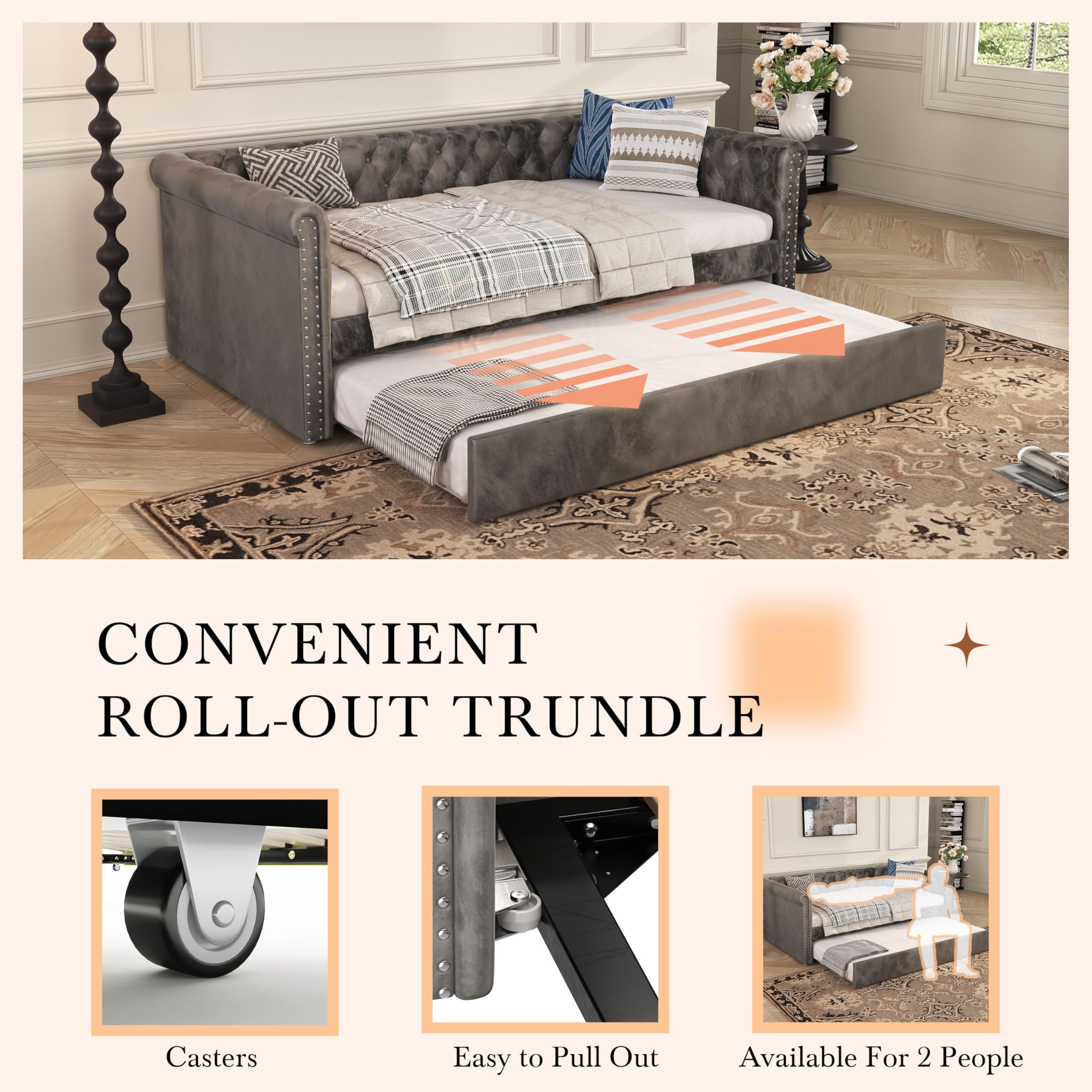 Upholstered Velvet Daybed with Trundle