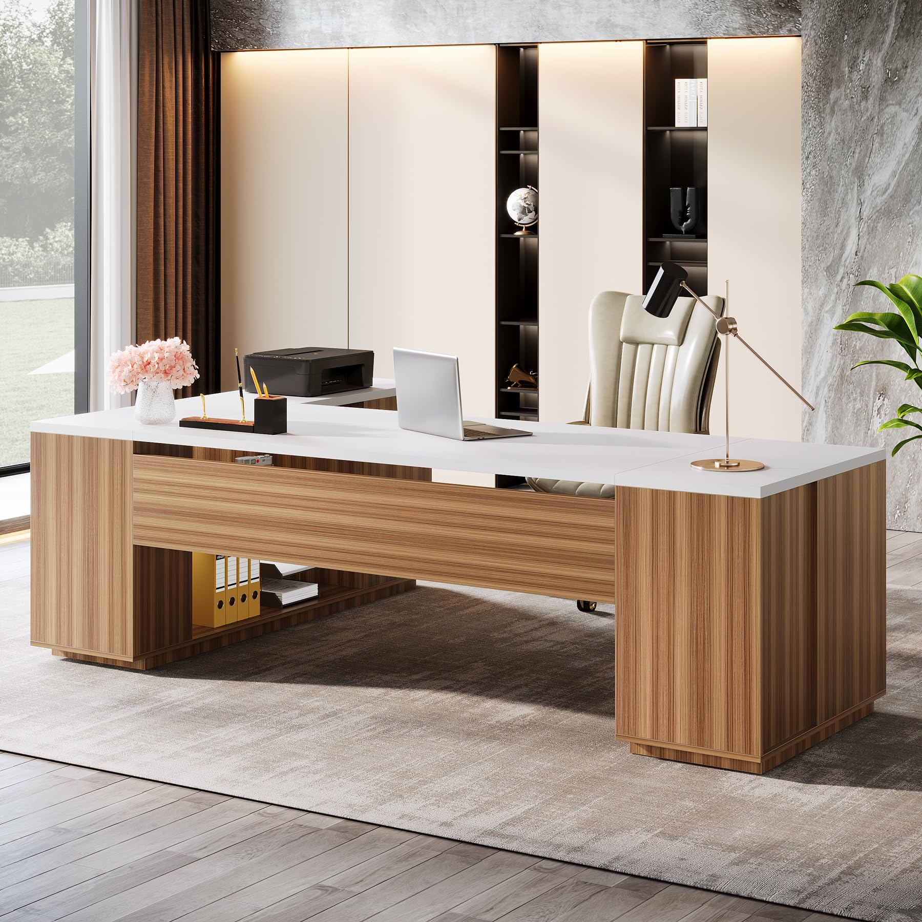 85.8-Inch L-Shaped Executive Desk with File Drawers and Cabinet