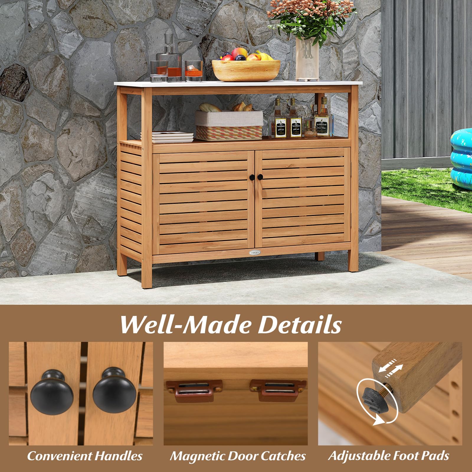Acacia Wood Patio Storage Cabinet with Marble-Like Countertop
