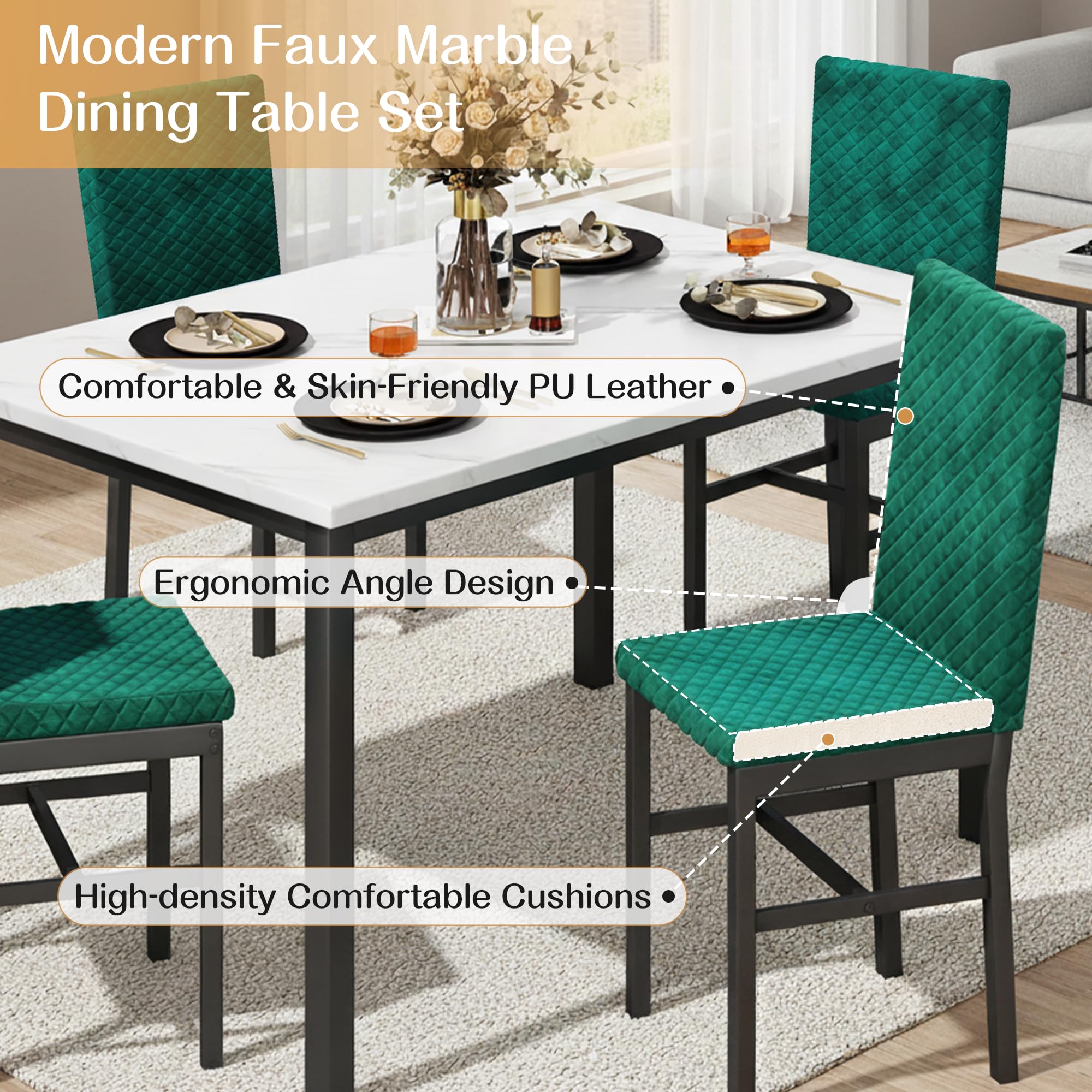 5-Piece Dining Table Set with Faux Marble Top and Velvet Chairs