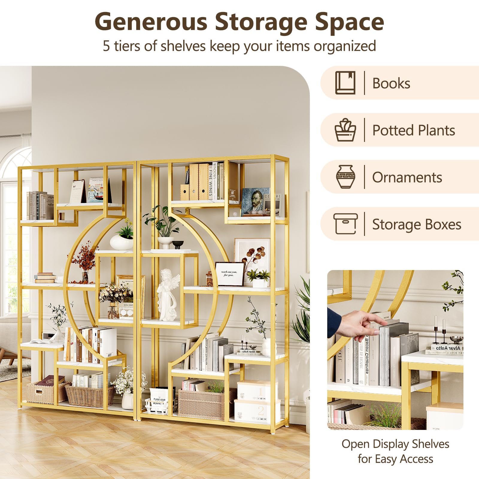 White and Gold Bookshelf Set of 2 - 5 Tier Geometric Bookcase with Metal Frame