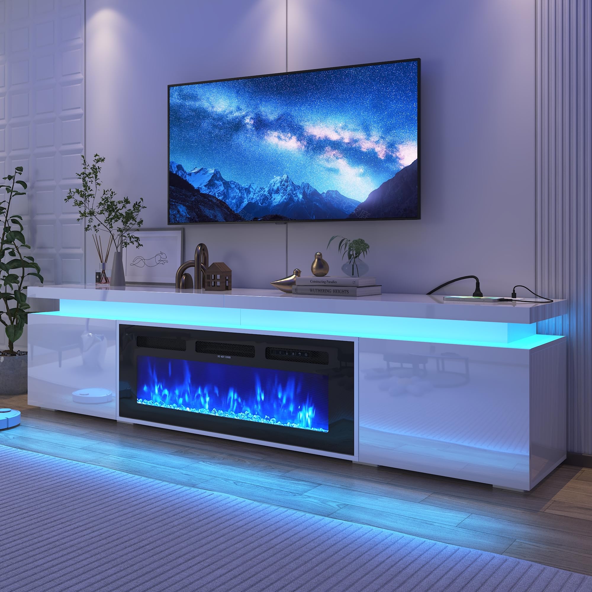 71 Inch LED TV Stand with 40 Inch Electric Fireplace and Storage