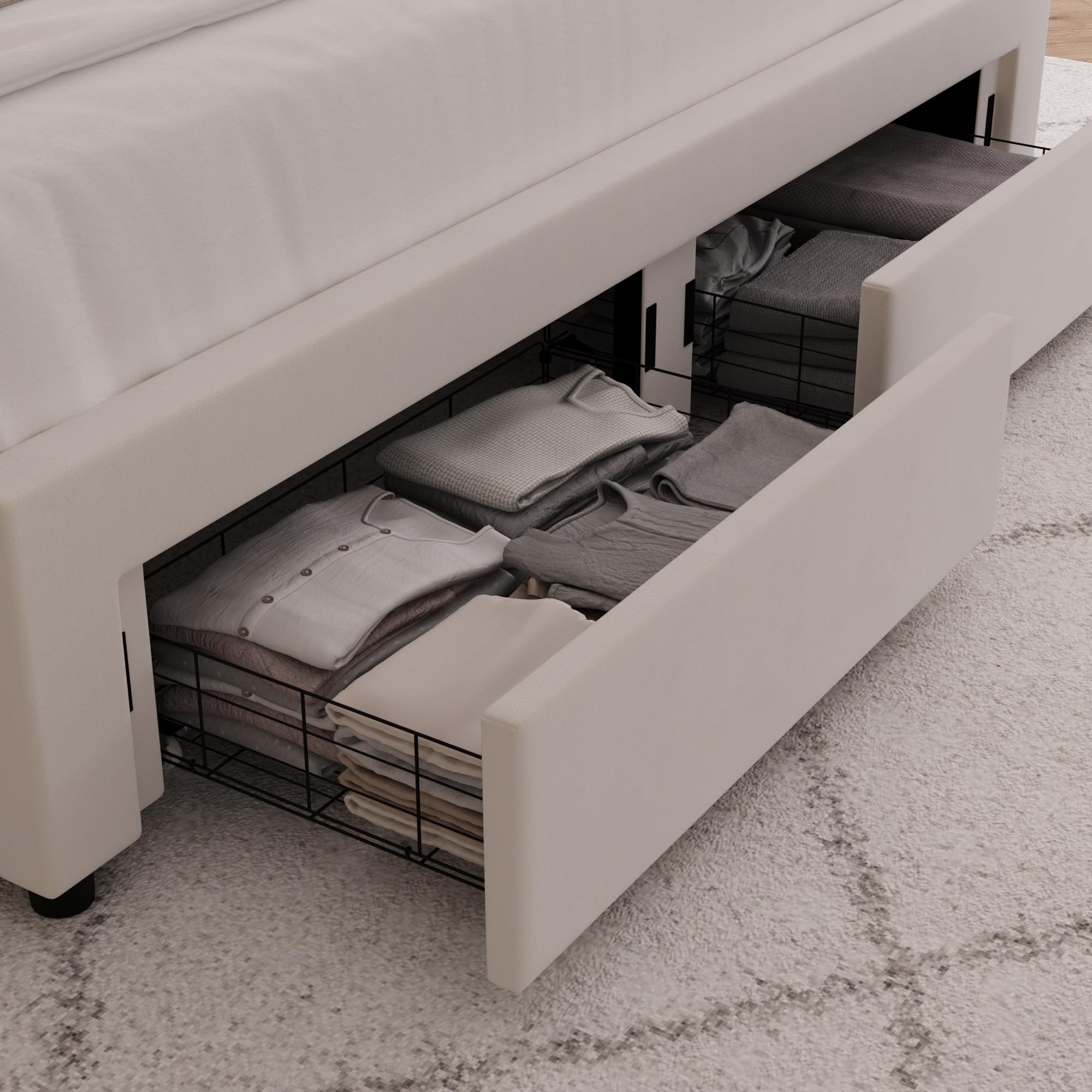 Full Upholstered LED Bed Frame with Storage Drawers