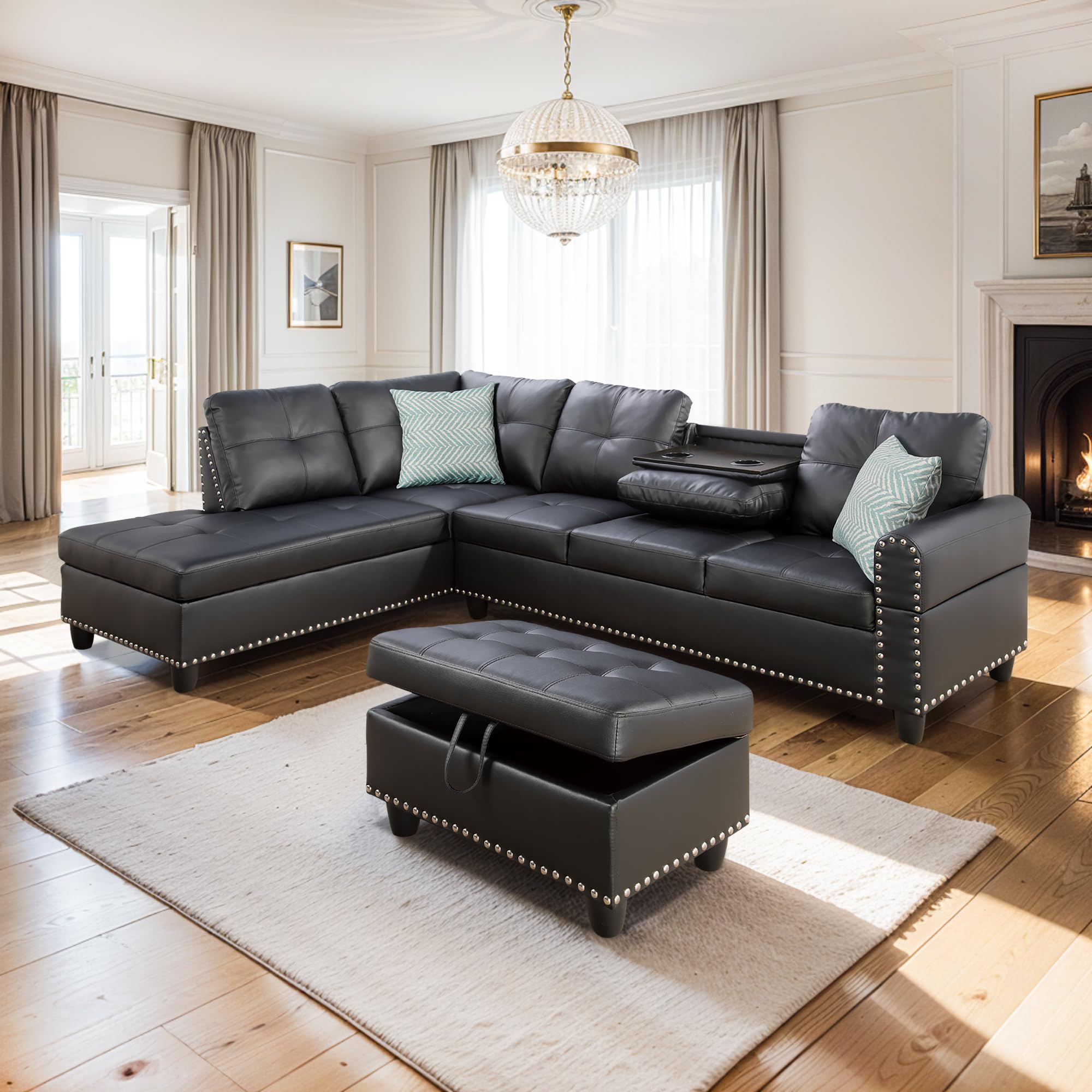 3-Piece Faux Leather Sectional Sofa with Storage Ottoman