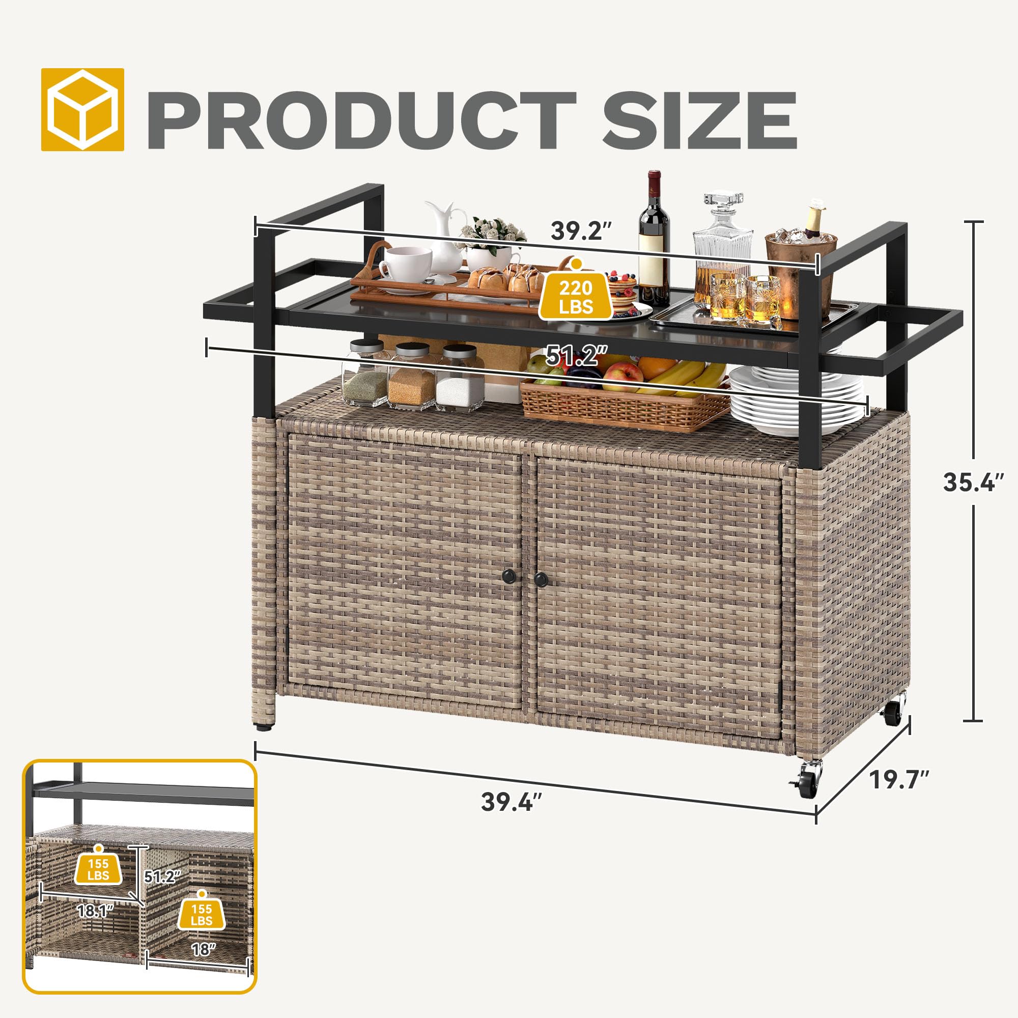 Outdoor Bar Cart with Storage and Glass Top