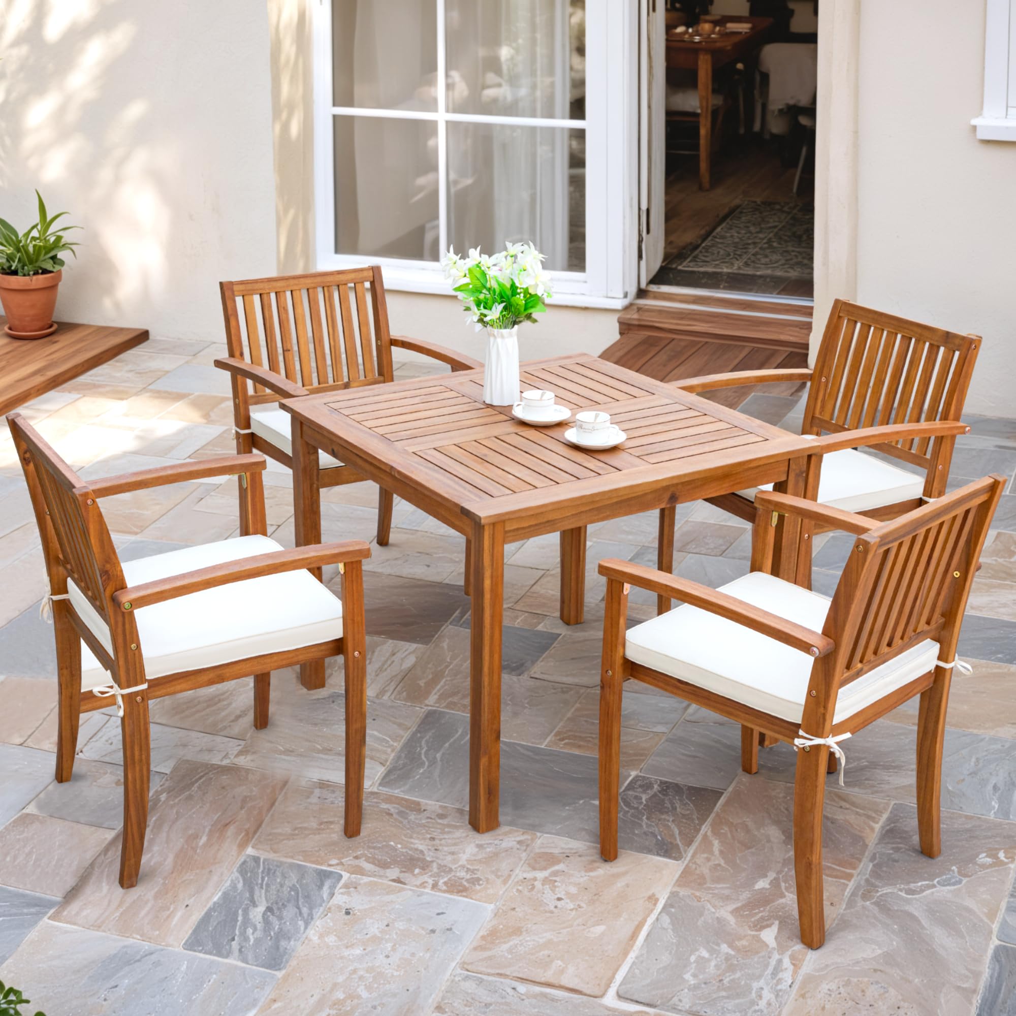 Flamaker 5 Piece Outdoor Dining Set Acacia Wood Patio Table and Chairs with Soft Cushions Patio Furniture for Deck, Backyard, Garden