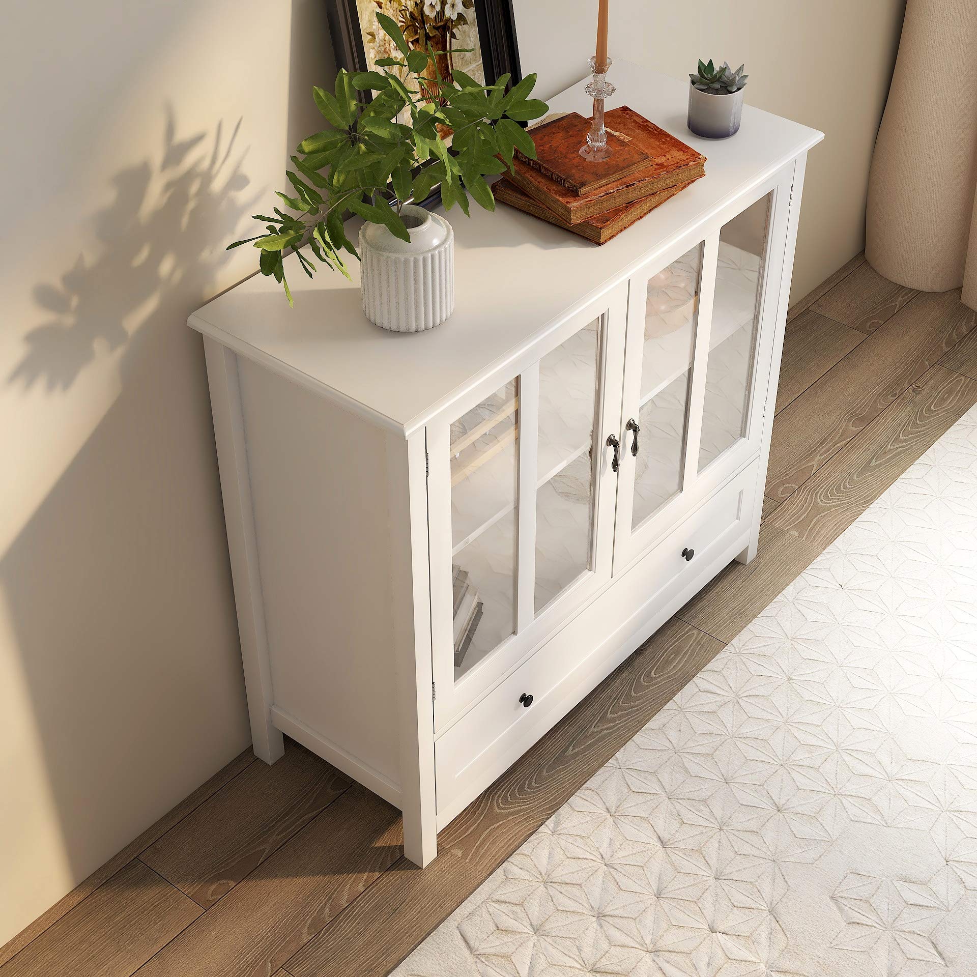 Modern White Buffet Cabinet with Glass Doors
