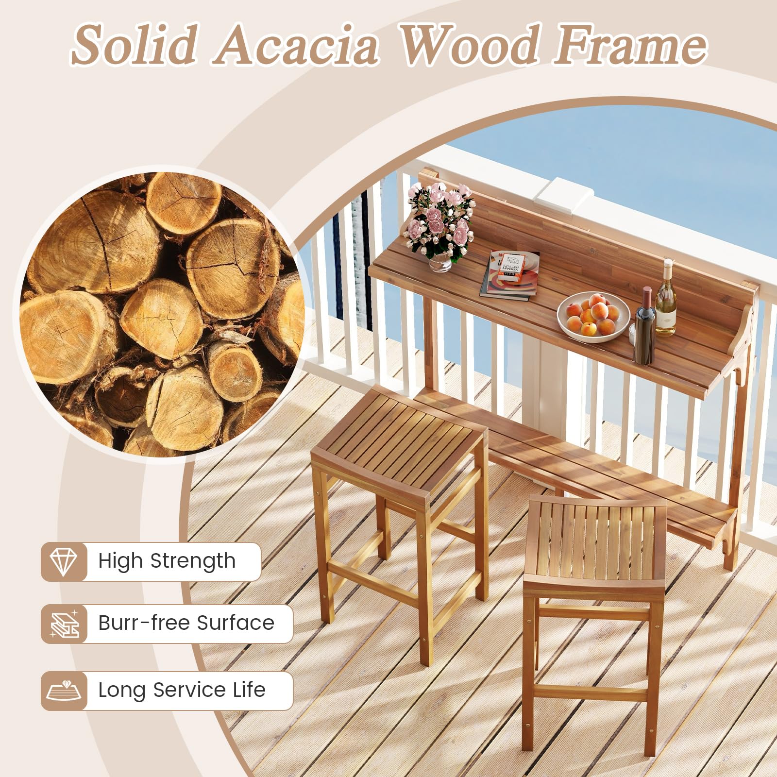 3-Piece Acacia Wood Balcony Bar Set with Stools