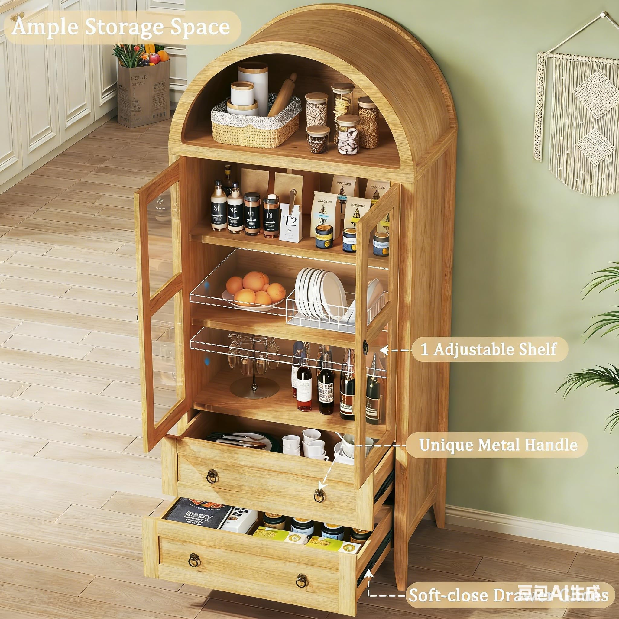 Arched Pantry Cabinet with Glass Doors