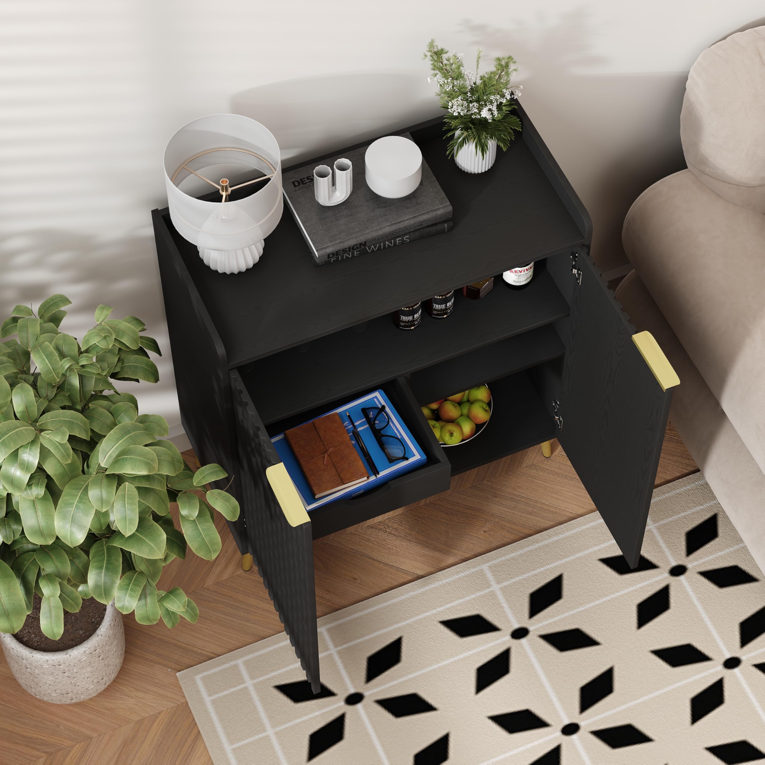 Modern Wine Bar Cabinet with Fluted Door and Glass Holder
