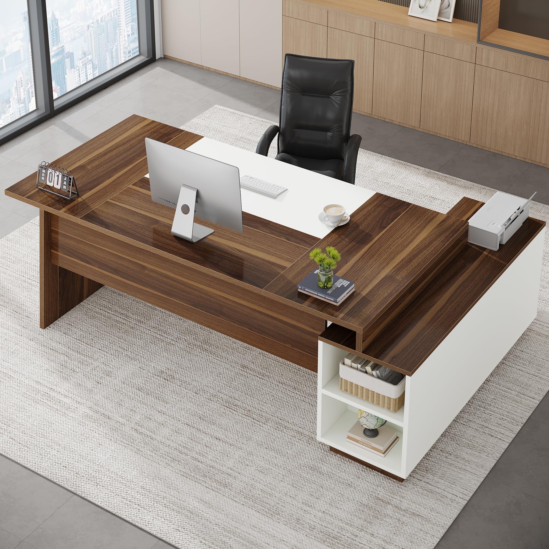 L-Shaped Executive Office Desk with Storage Cabinet and Shelves