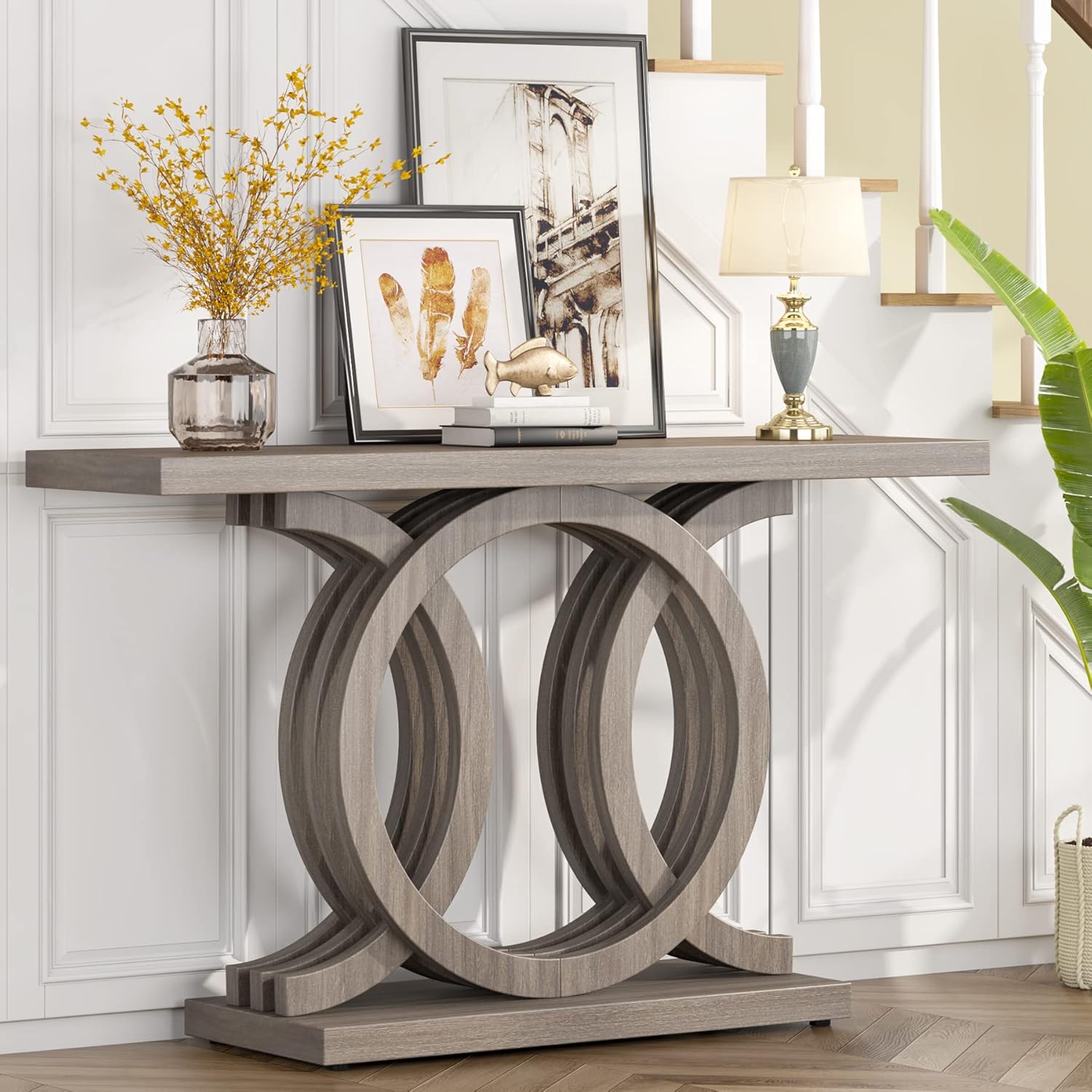 55" Wooden Console Table with Geometric Base