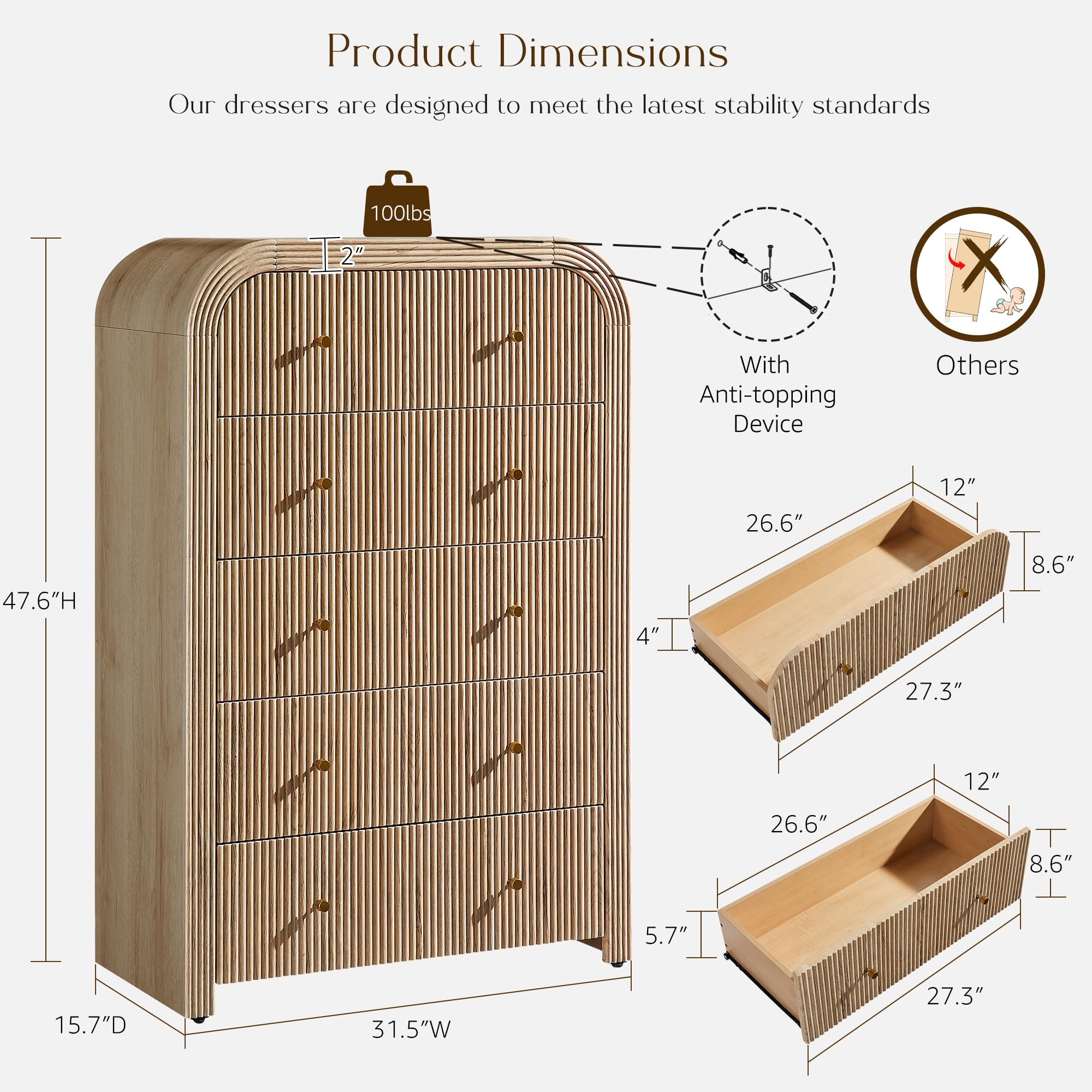 5-Drawer Fluted Dresser Natural Oak