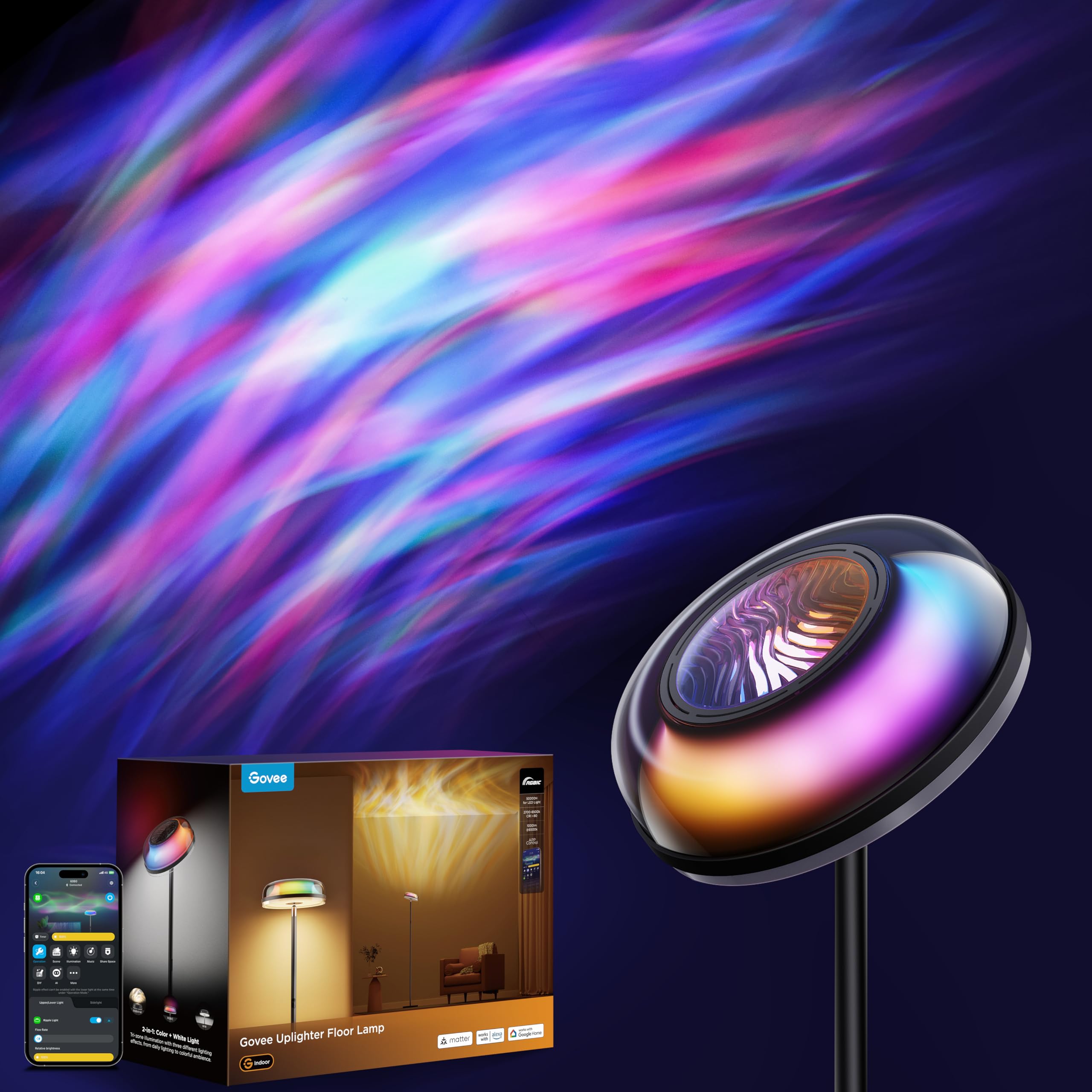 Smart RGBIC Uplighter Floor Lamp with Ripple Projector