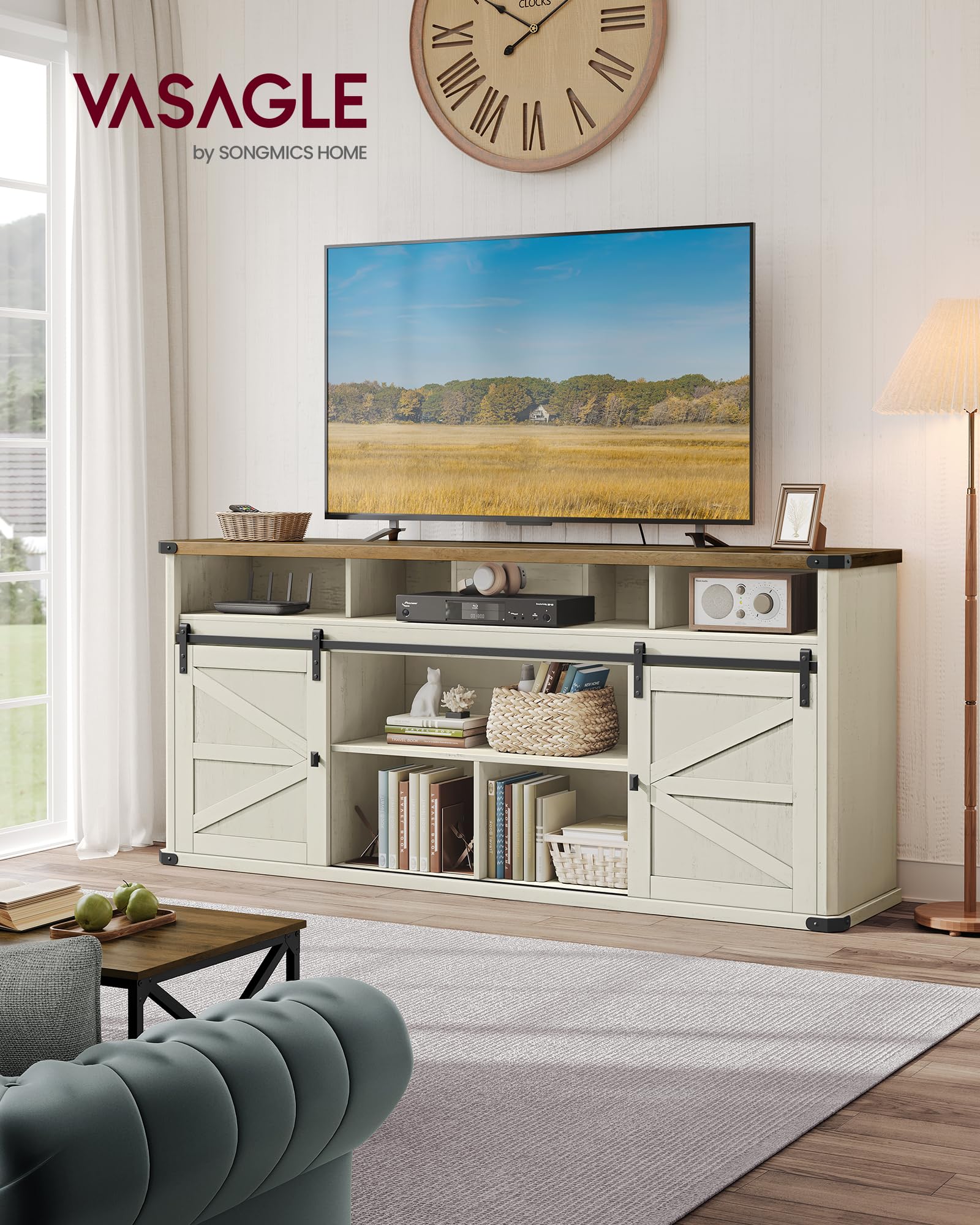 Farmhouse TV Stand with Sliding Barn Doors for 75 Inch TVs