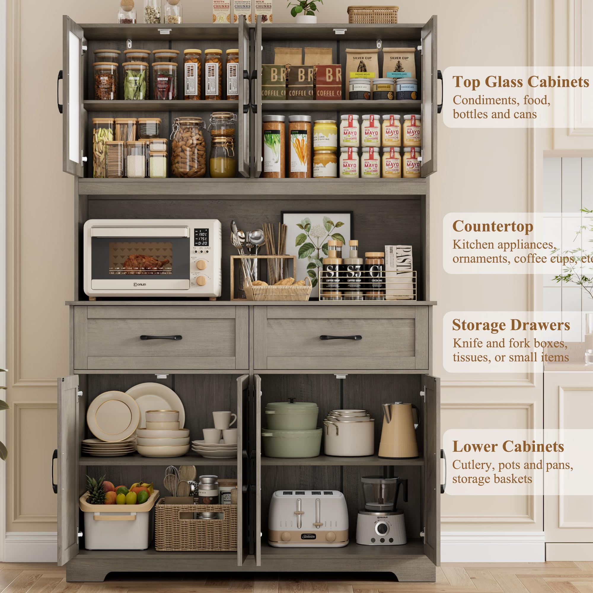 71" Farmhouse Kitchen Pantry Cabinet with Microwave Stand