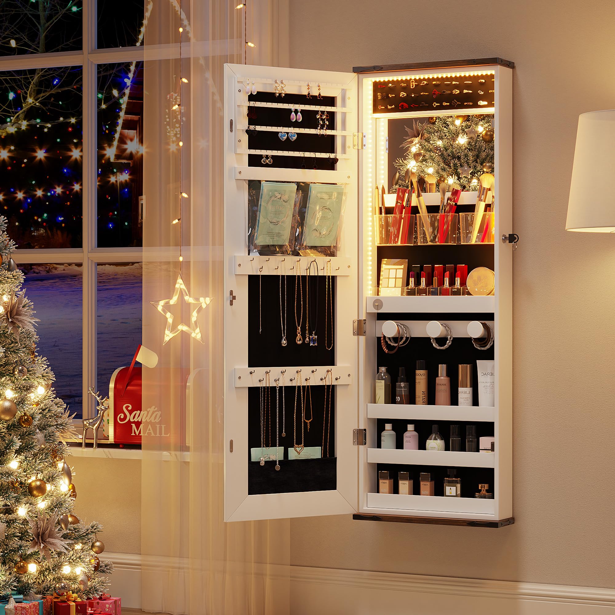 Over the Door Jewelry Organizer Mirror with LED Lights and Lock