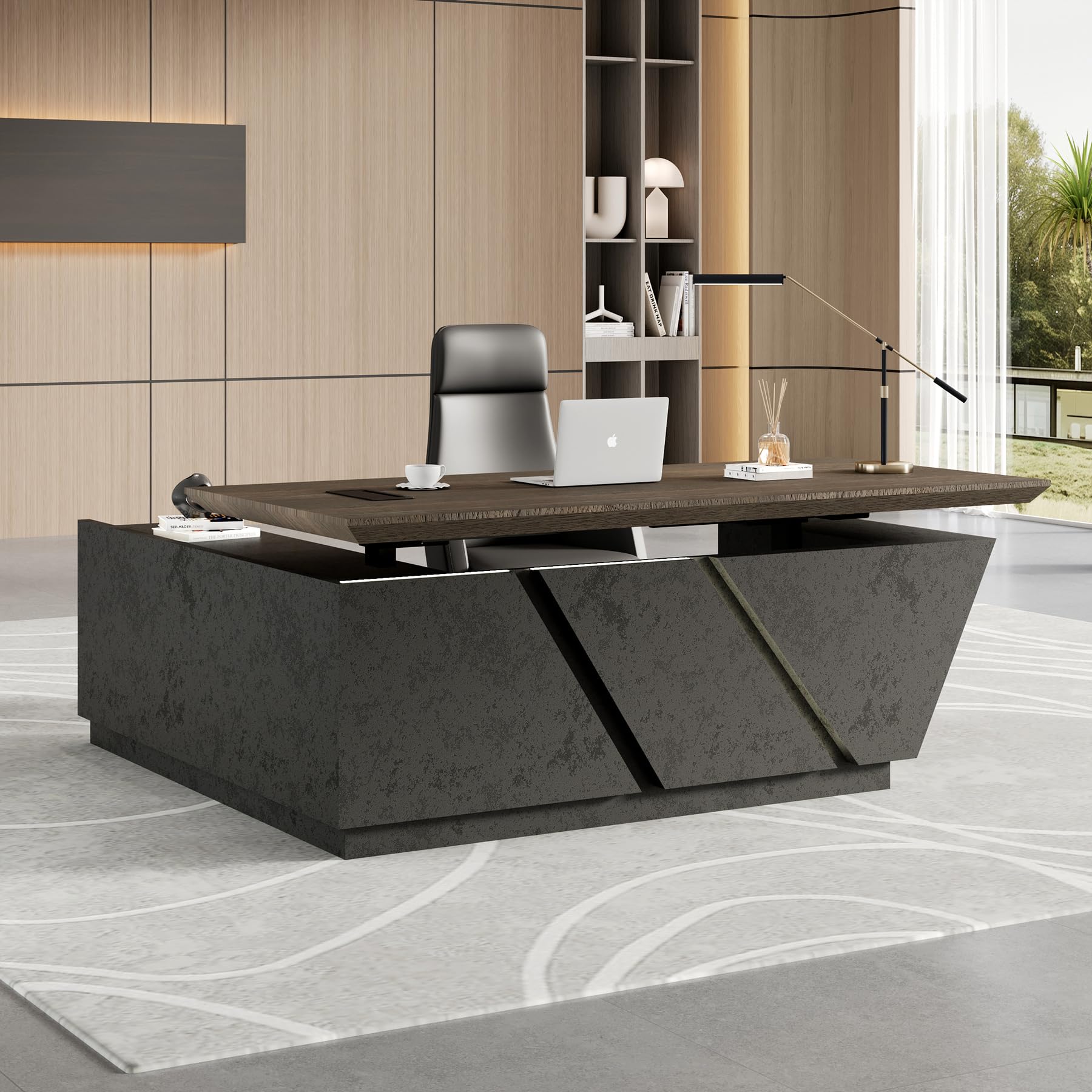 Adjustable Executive L-Shaped Desk with Drawers and LED Light