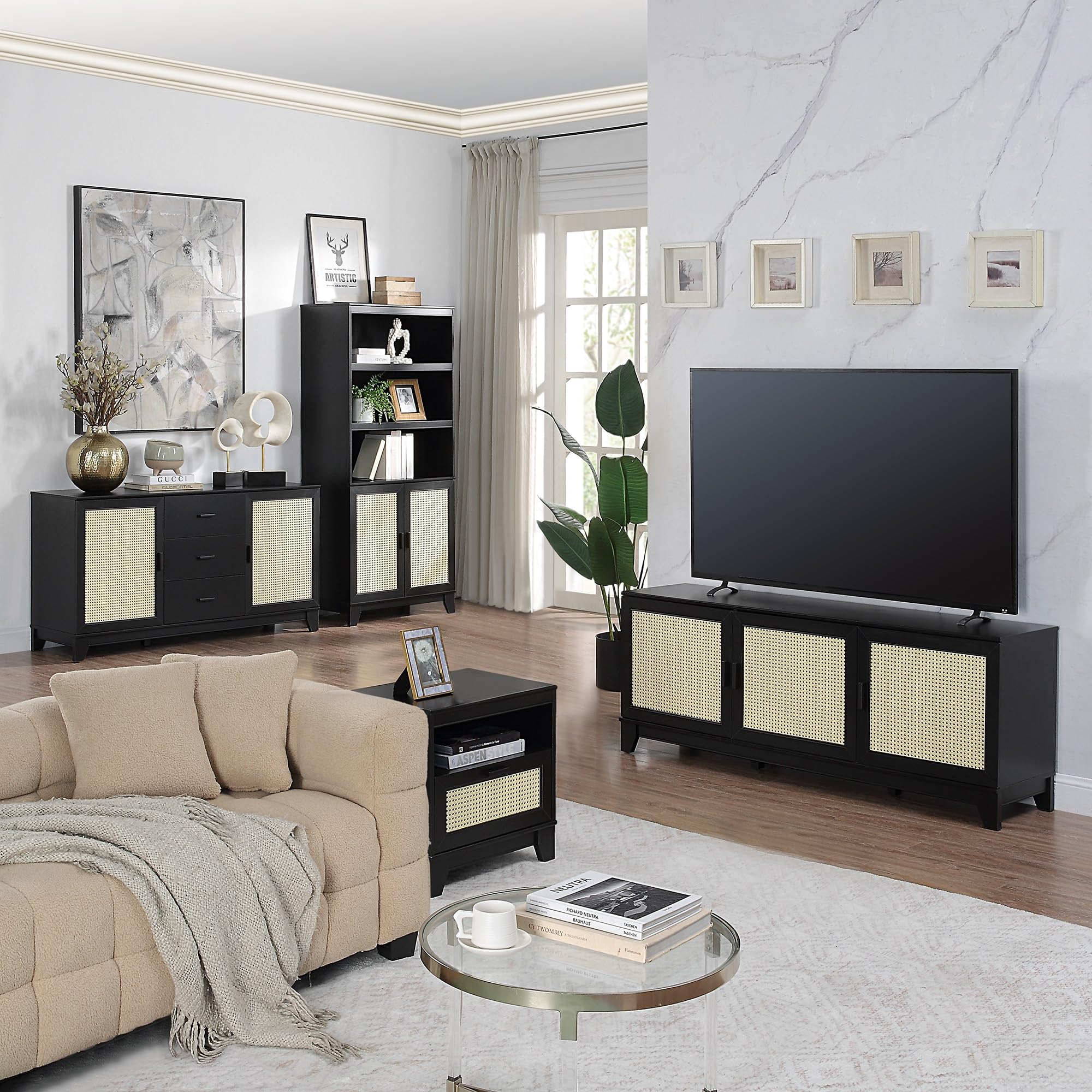 Mid-Century Modern Cane TV Stand 55 Inch
