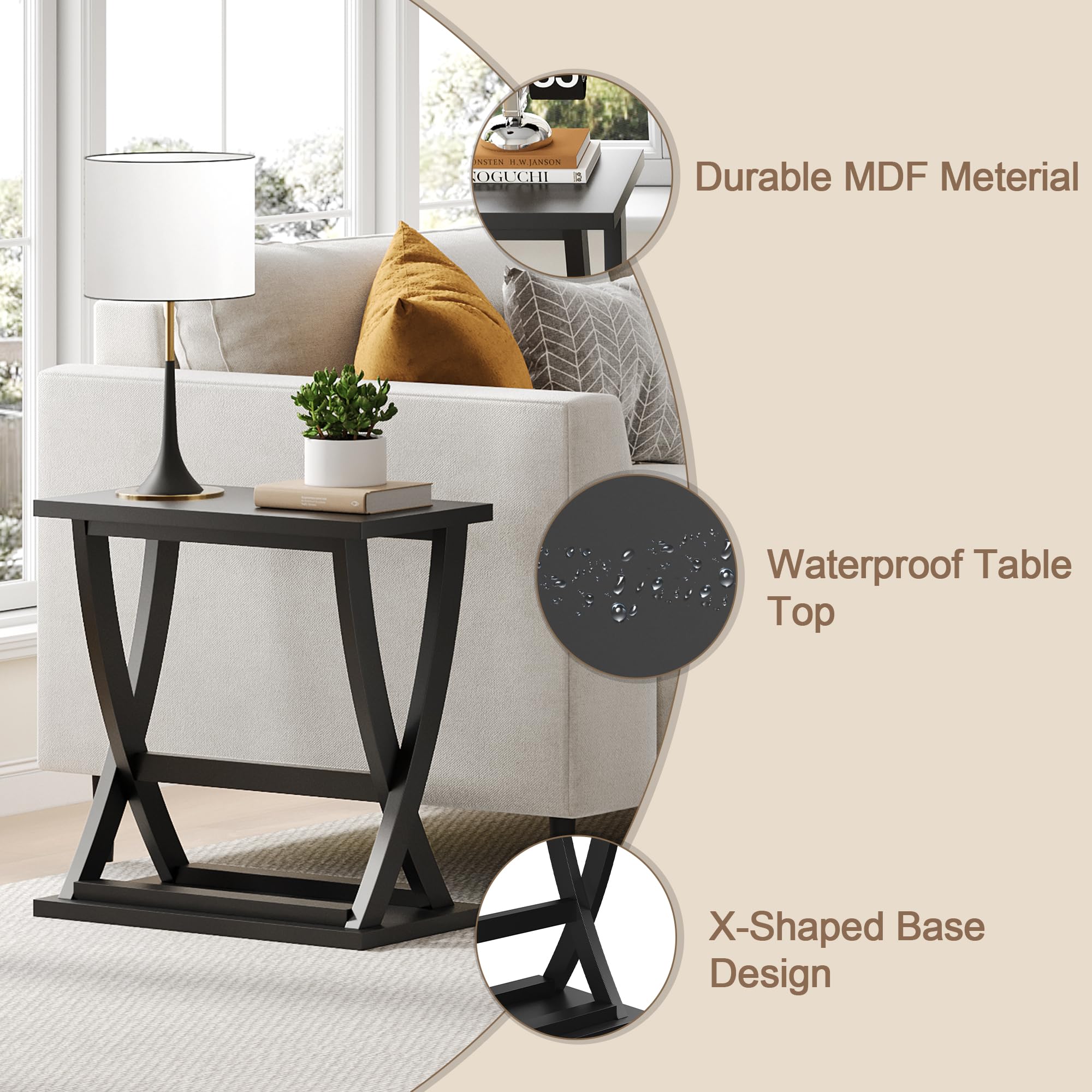 ChooChoo Black End Tables Set of 2, Narrow Side Table with Storage Shelf, Modern X-Design Slim Bedside Tables for Living Room, Bedroom, Small Spaces