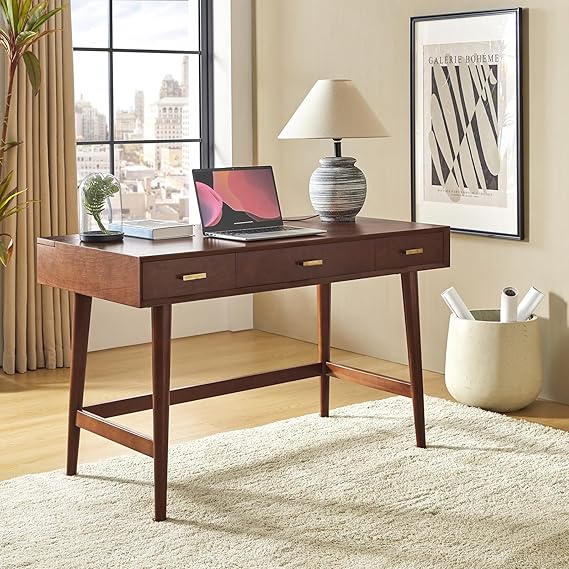 Mid-Century Modern Writing Desk with 3 Drawers and USB Charging