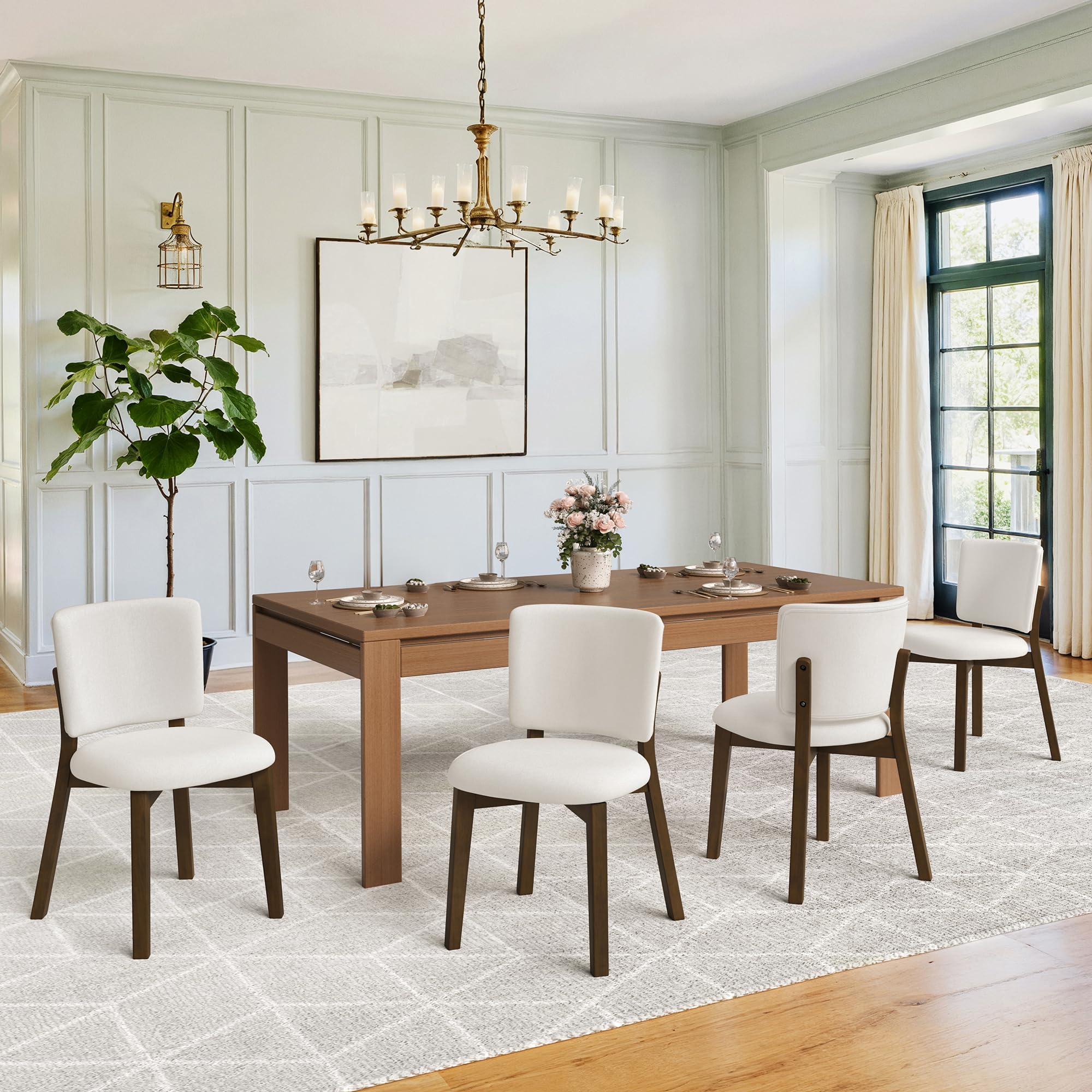 Wooden Dining Chairs Set of 4 - Beige Upholstered Wide Back