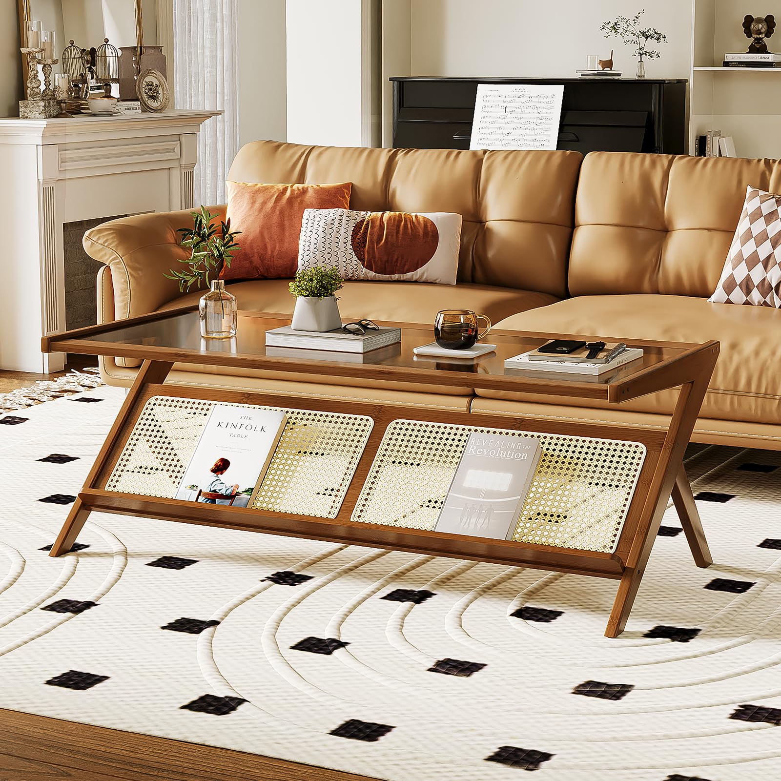 Mid-Century Modern Coffee Table with Glass Top and Rattan Storage