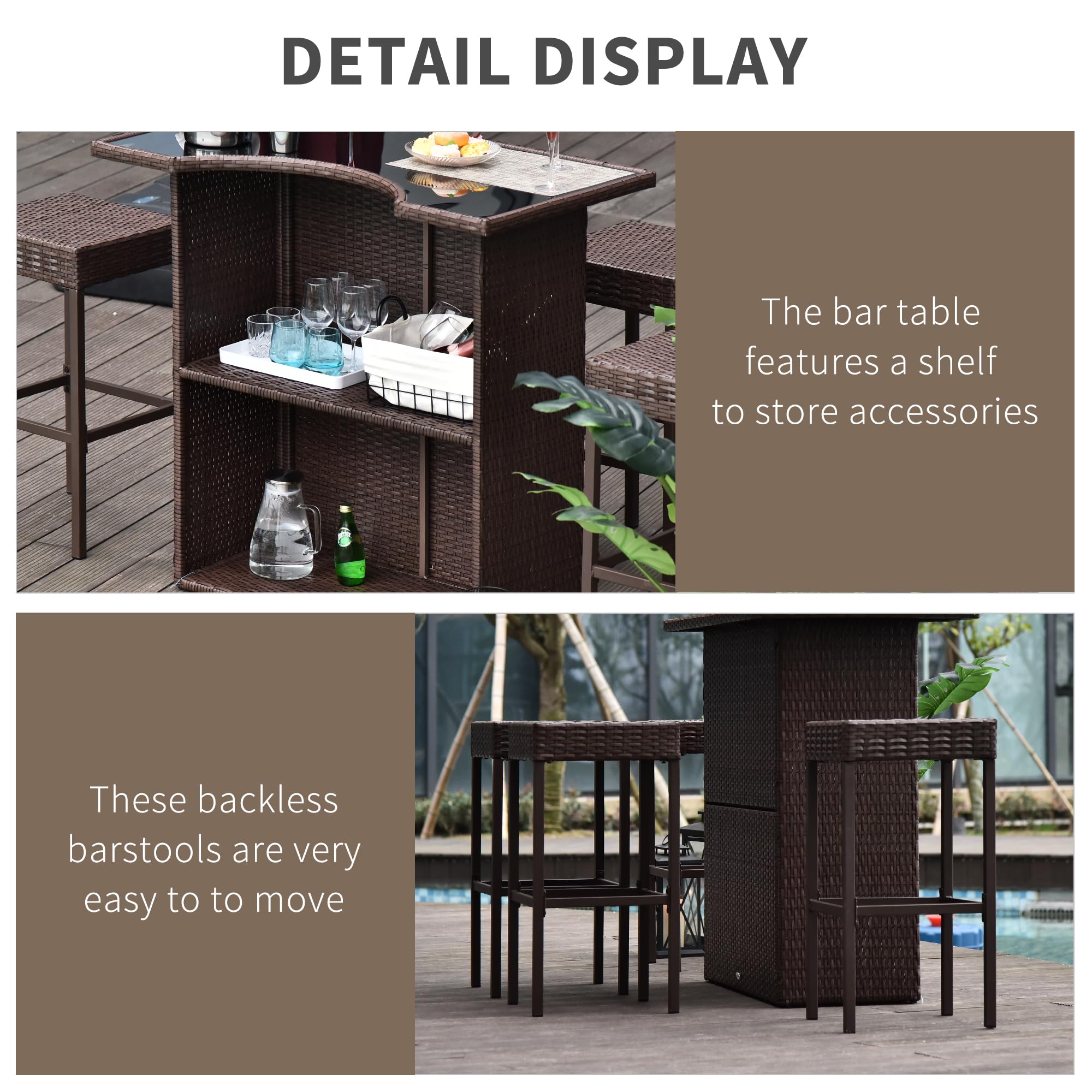 5-Piece Rattan Wicker Bar Set with Glass Top