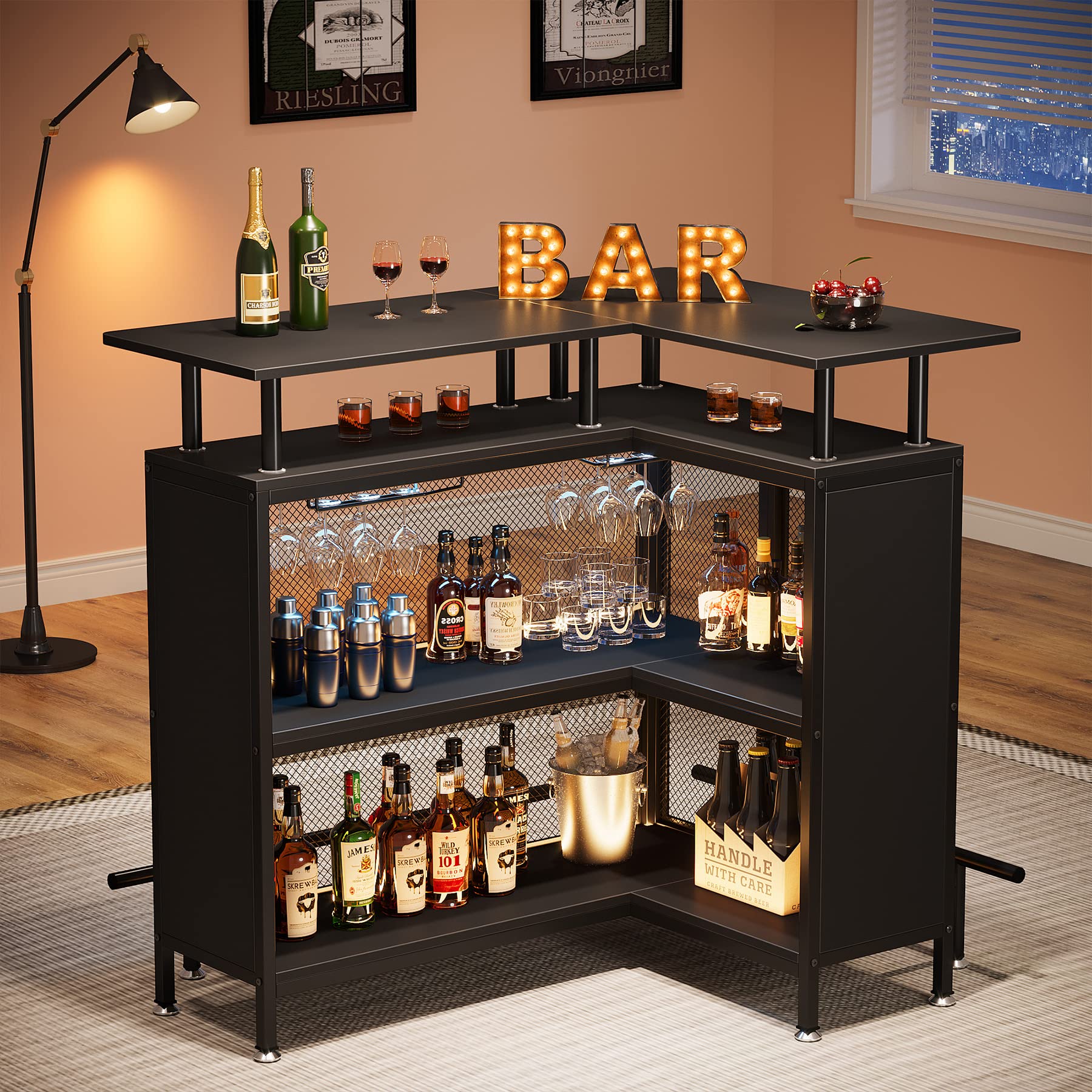 L-Shaped Bar Table with Stemware Racks and Storage Shelves