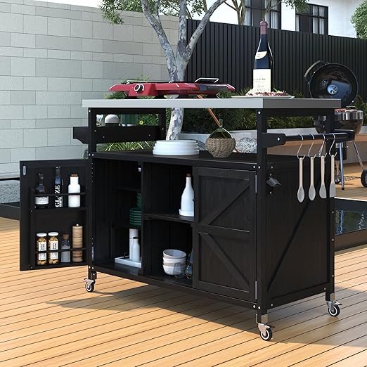 Outdoor Kitchen Rolling Bar Cart with Stainless Steel Top