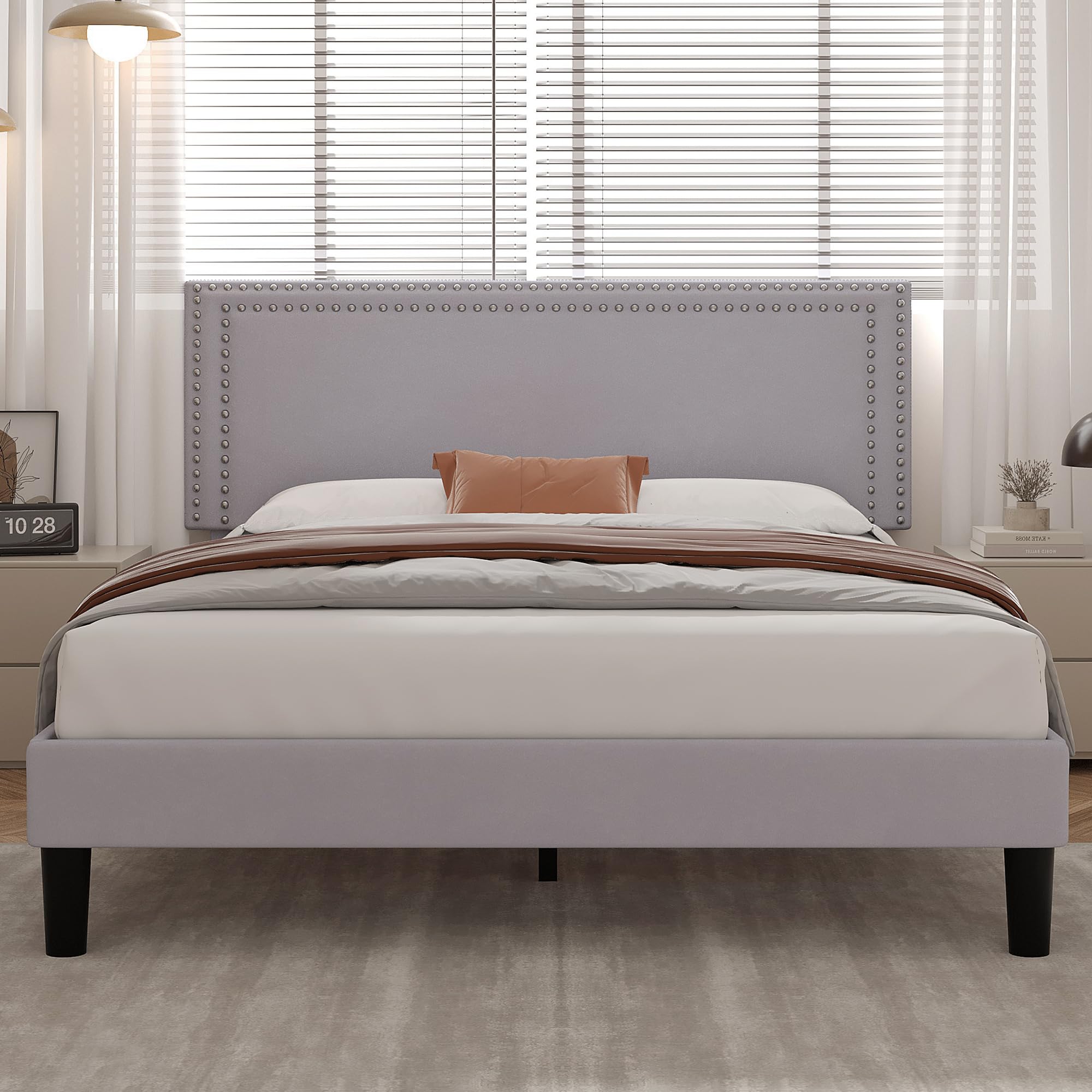 Queen Platform Bed Frame with Adjustable Upholstered Headboard