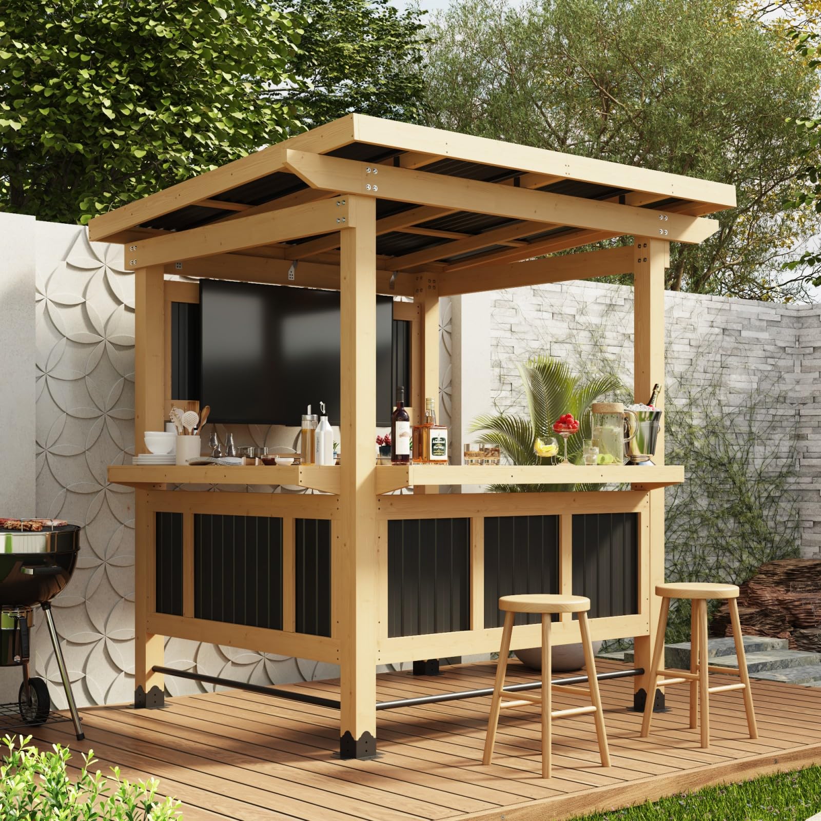 7FT Cedar Wood Grill Gazebo with TV Mount