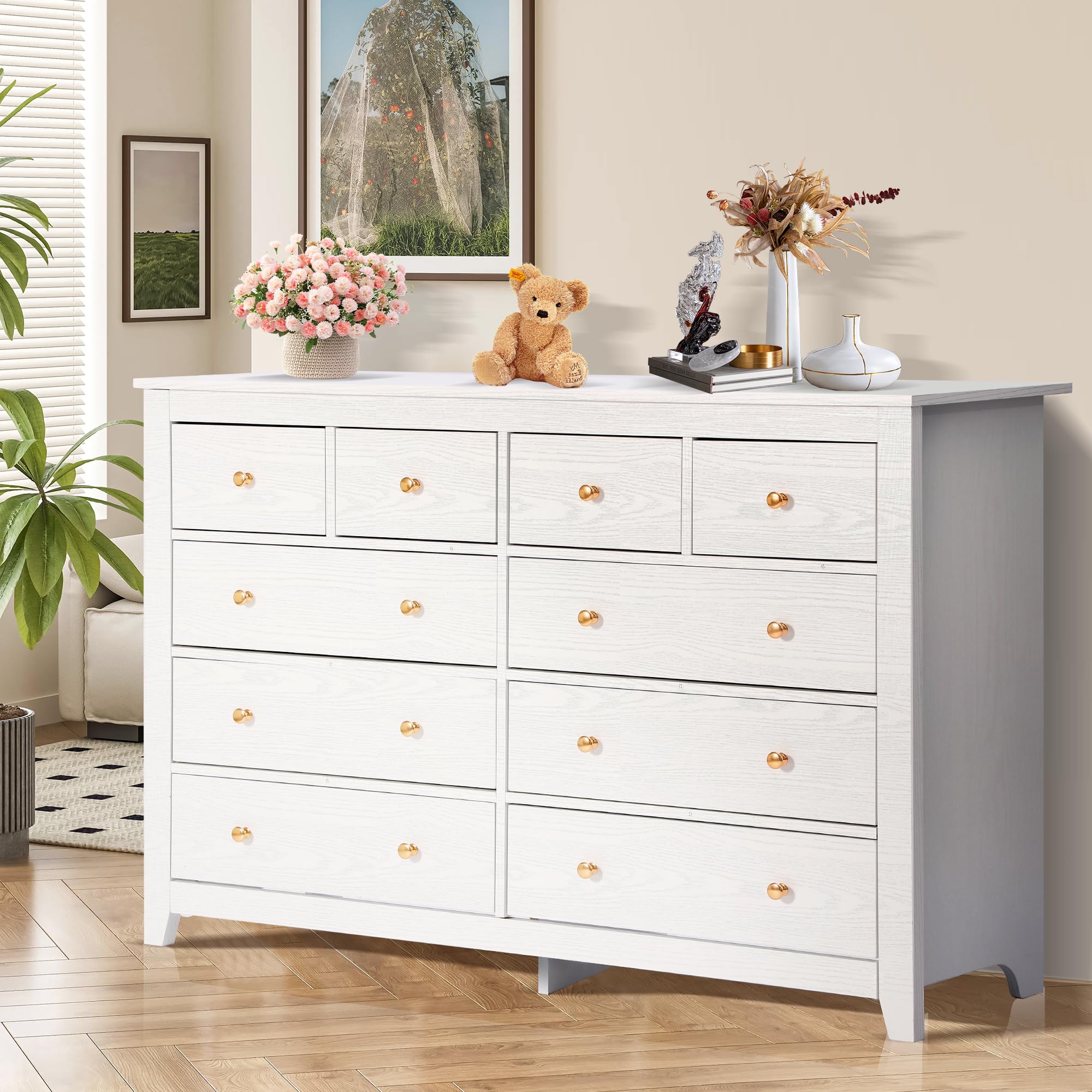 10 Drawer Dresser 52 Inch Wooden Chest with Gold Knobs White