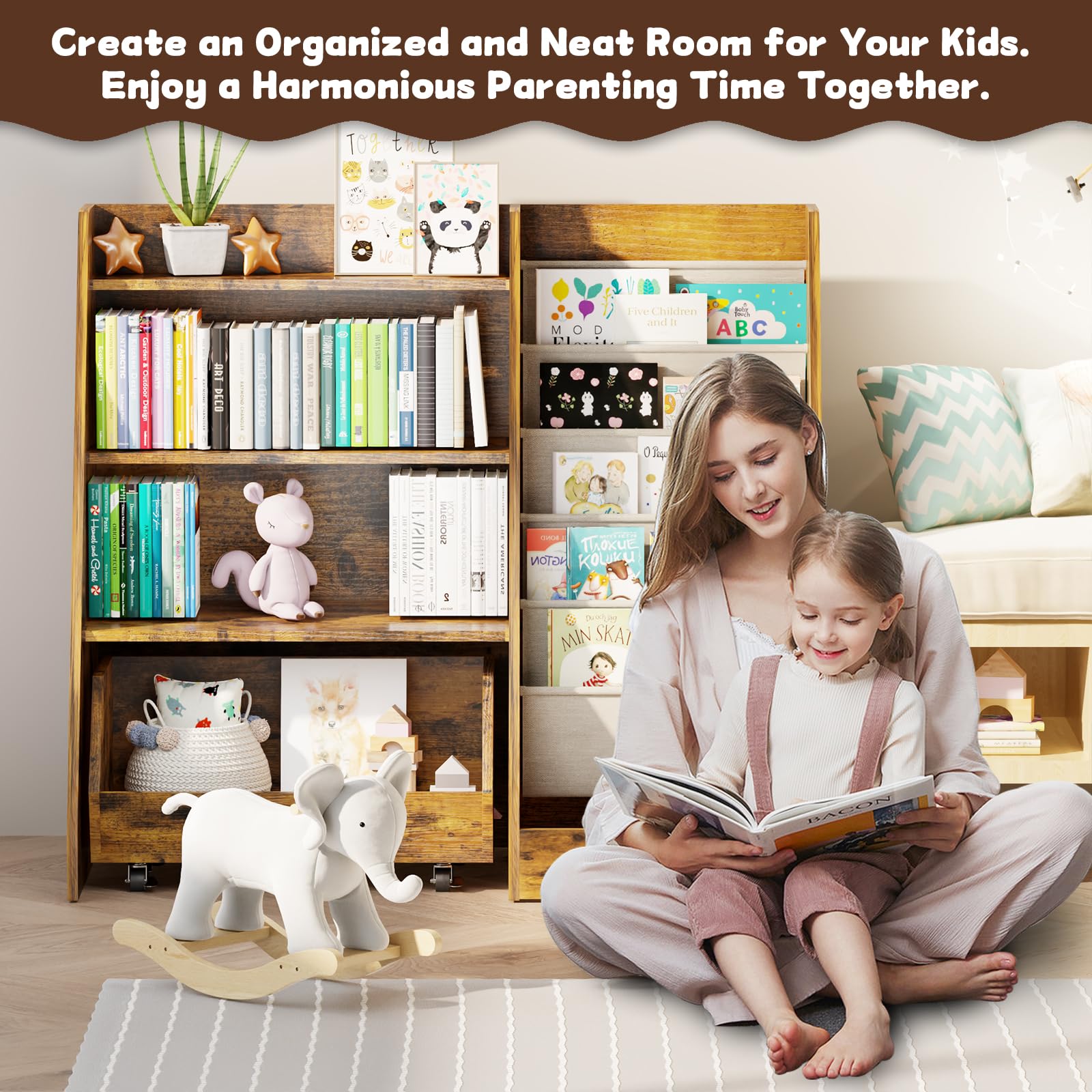 Kids Bookshelf and Toy Storage with Movable Drawer